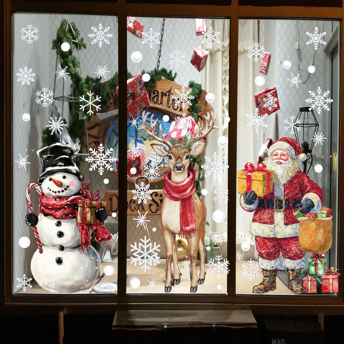 XZENTIRA Large Christmas Window Clings 3 Sheets Extra Large Santa Claus Snowman Reindeer Snowflake Window Stickers Double-Sided Holiday Window Decals for Xmas Glass Windows Home Party Decorations