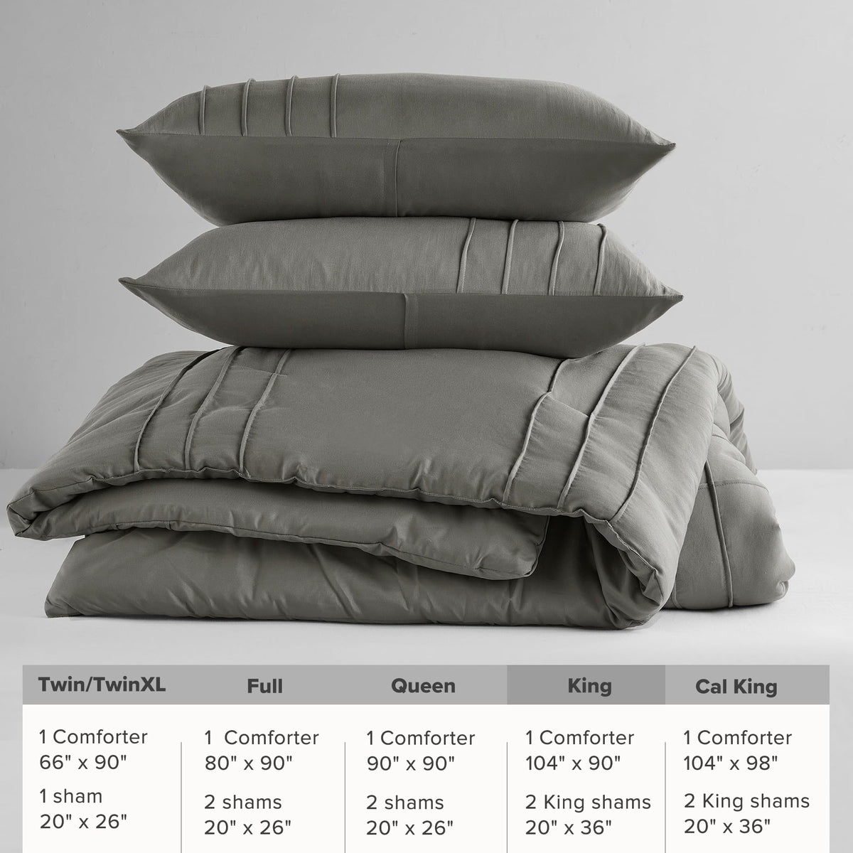 Comfort Spaces Grey King Size Comforter Set - 3 Pieces Pintuck Pleated Bedding Sets, All Season Lightweight, Extra Softness Pre-Washed Microfiber Bed Set, Shams