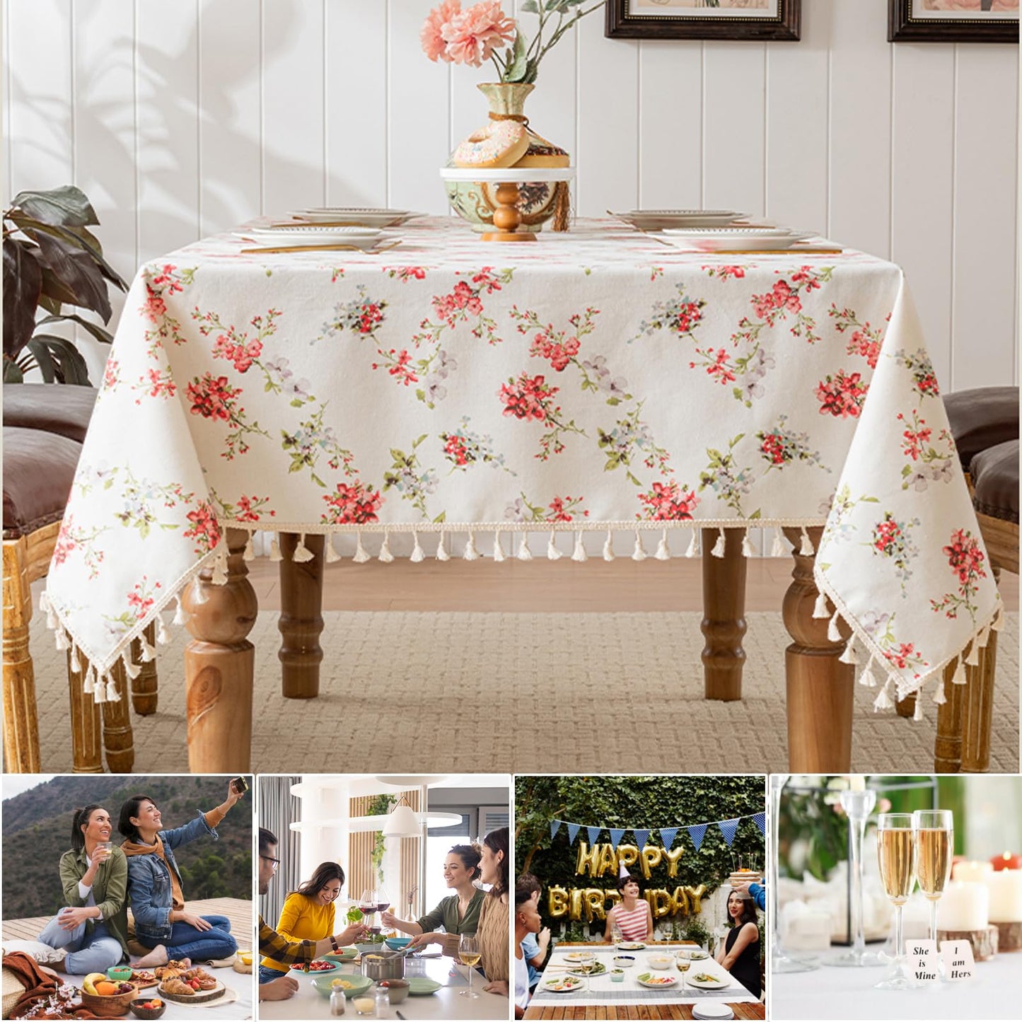 HOMLOVE Tablecloth Pastoral Style, Waterproof & Stain Resistant Table Cloth Wrinkle Free Table Cover for Dining/Kitchen/Patio, Washable Indoor & Outdoor Use (Red Flower, 55"X120")