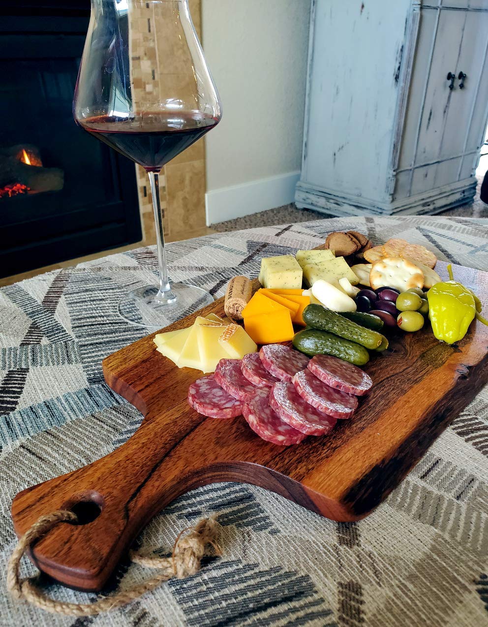 Acacia Charcuterie Board with Natural Live Edge & Handle - Wood Cheese Board - Decorative Wooden Serving & Cutting Board - Housewarming, Mothers Day, New Home & Wedding Gifts (18” x 8”)