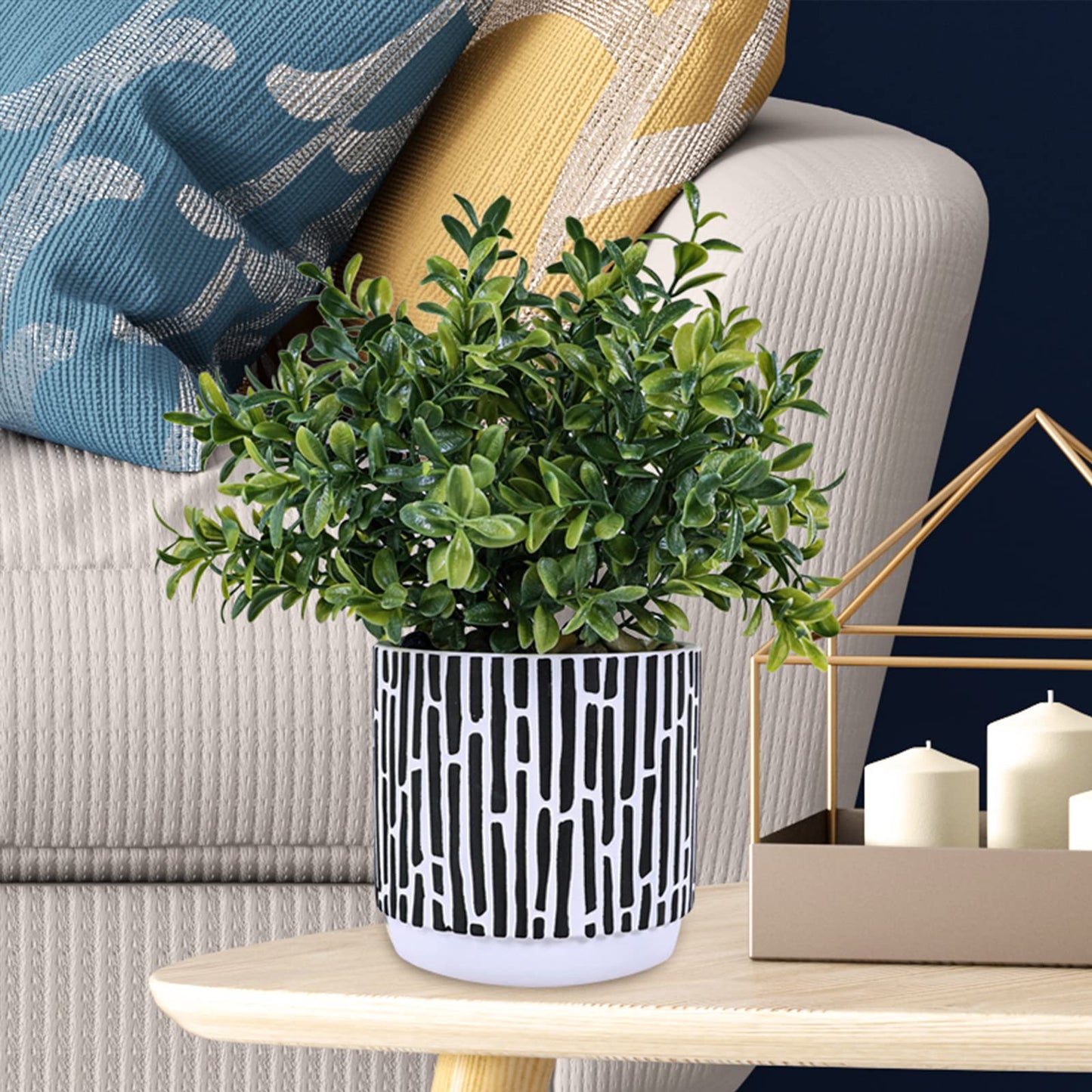 Winlyn 3-Pack Artificial Potted Plants - Faux Eucalyptus, Rosemary, Boxwood Greenery in Small Black & White Geometric Concrete Pots -Desk, Table, Shelf, Windowsill Decor for Indoor Outdoor Home Office