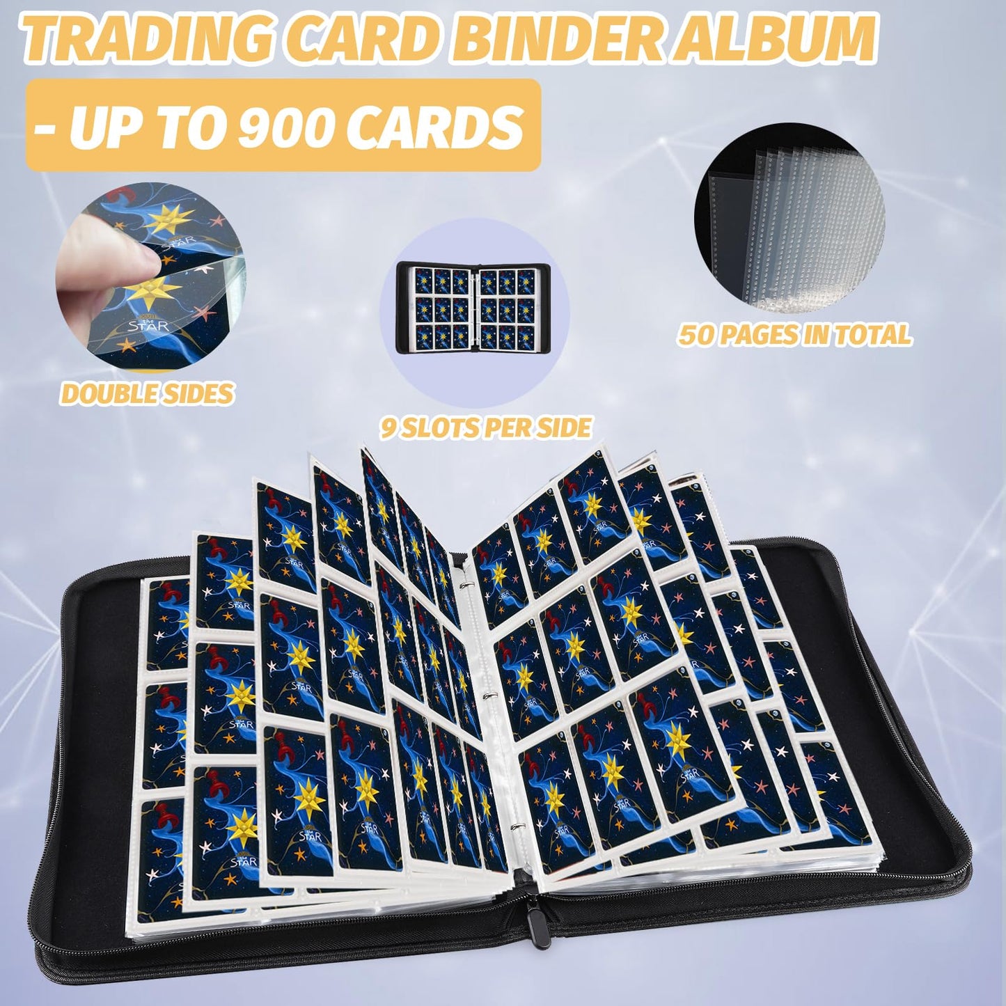 GERMUN Trading Card Binder, 900 Pockets Card Binder, 9-Poccket Sided Pocket Sports Card Binder, Premium Card Binders Compatible with MTG, TCG, Baseball Cards(Carbon Black)