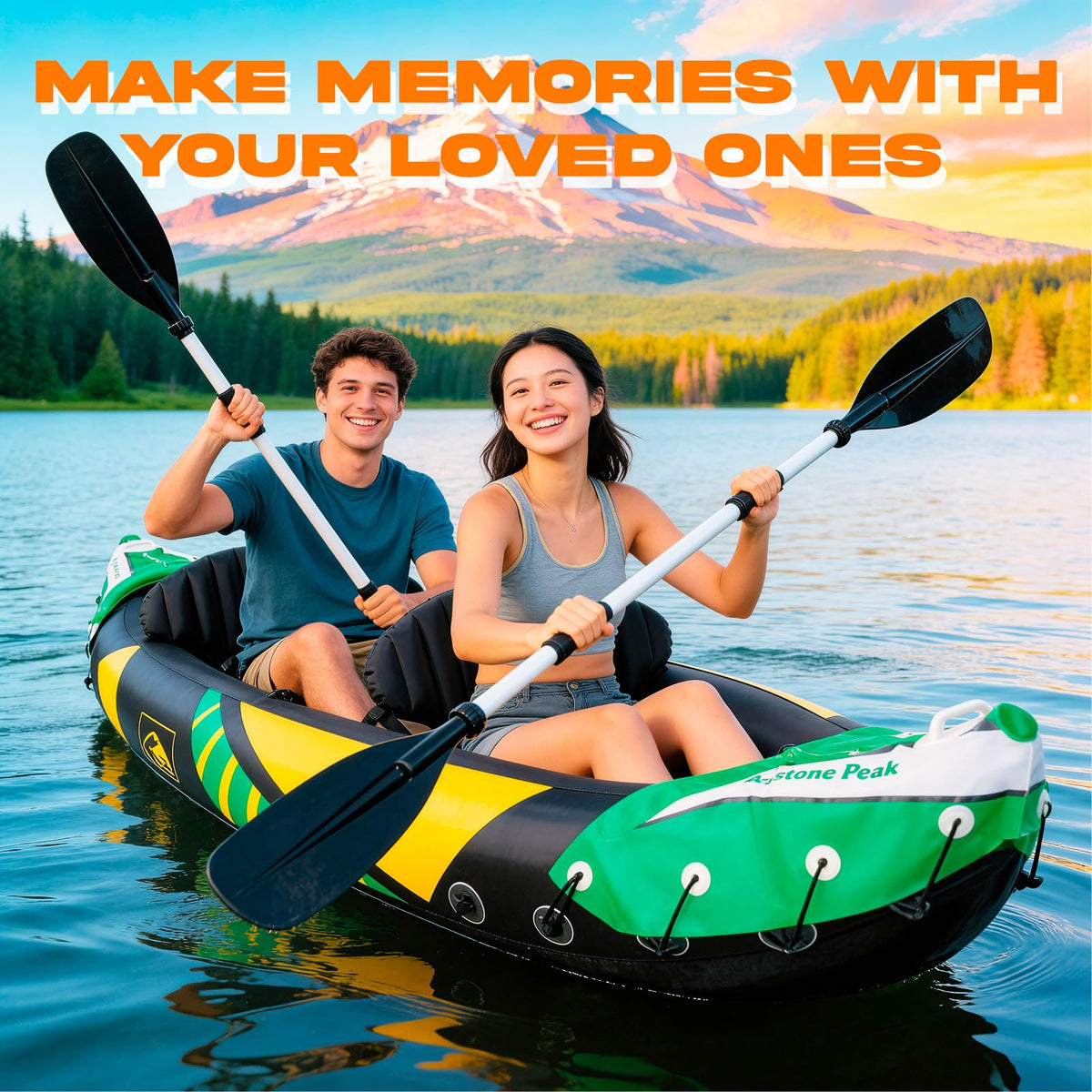 Keystone Peak Inflatable Kayak 2 Person with Detachable Sun Canopy – Heavy-Duty Tandem Kayak for Adults – Reinforced Paddles, Waterproof Phone Bags, Adjustable Seats, Extra Seat for Dog or Child