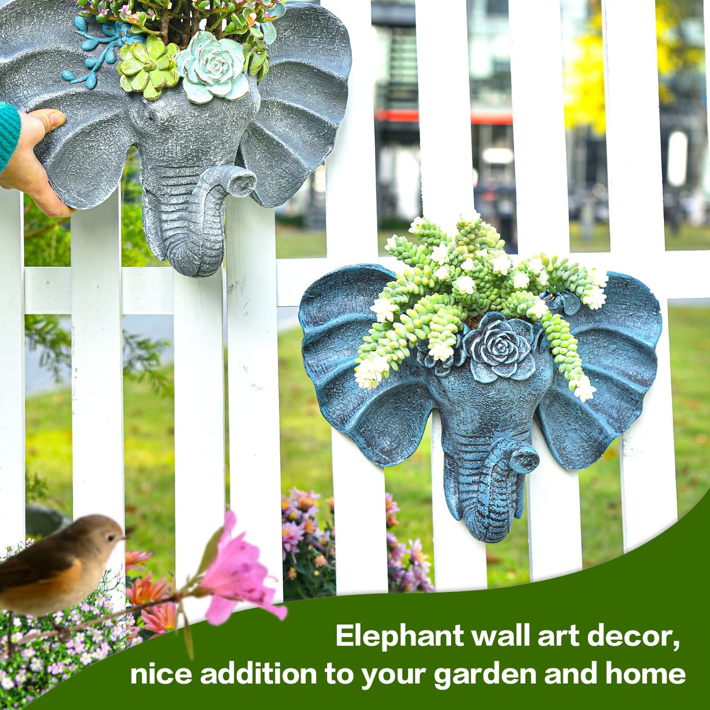 Sungmor Resin Elephant Head Wall Pot, Unique Bohemian Style Animal Face Planter, Vertical Hanging Plant Pot, Pretty Decorative Flower Pot for Indoor Outdoor Plants, for Gardening Lovers