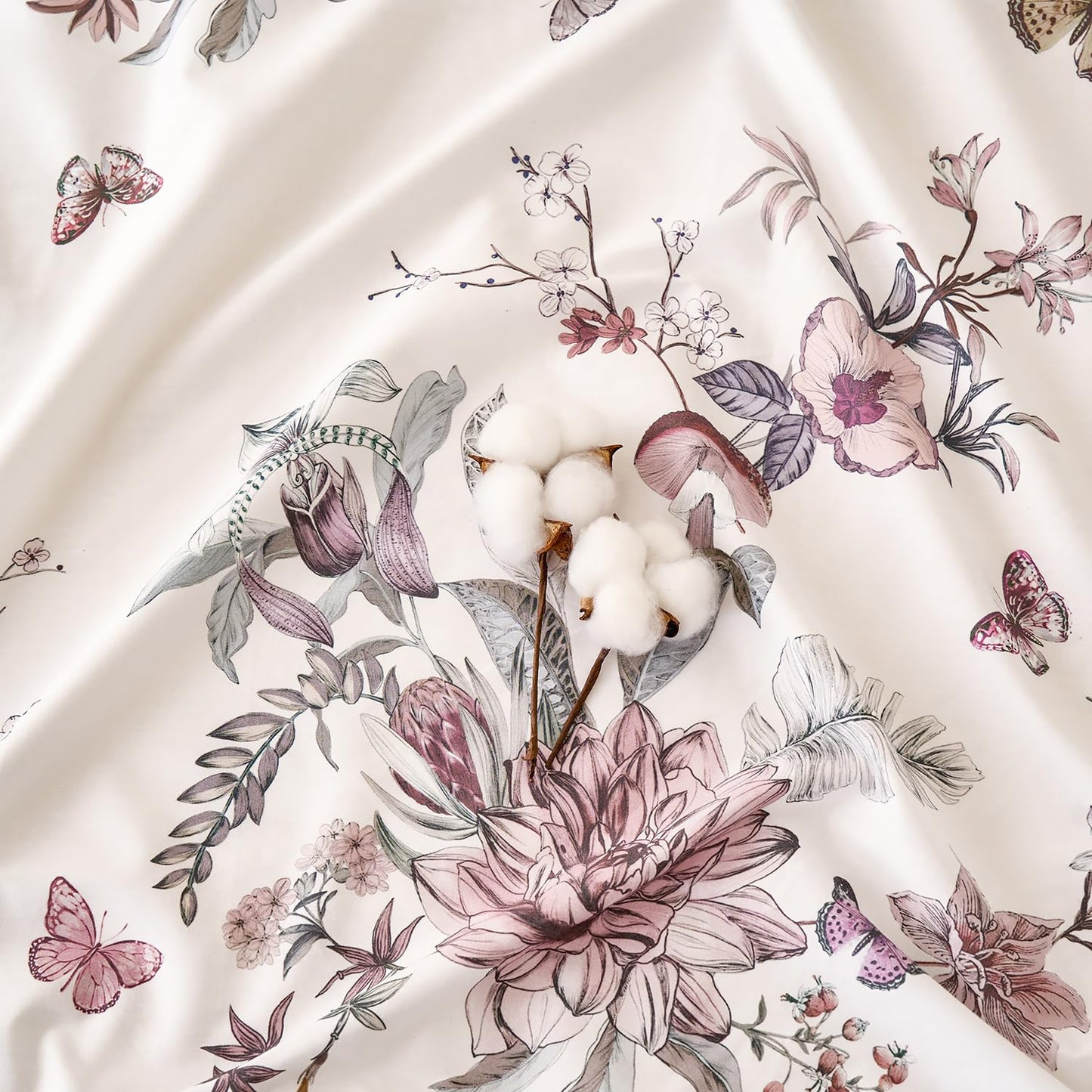 Huborise King Size Sheet Set Dusty Rose Floral Bed Sheets 100% Cotton 4Pcs, Light Pink Flower & Butterfly Printed Bed Set with Deep Pocket 17.5", Soft Breathable & Crisp, Luxury French Country Style