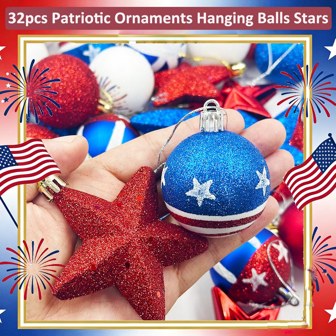 Patriotic Ornaments Hanging Balls - 32 Pcs 4th of July Independence Day Tree Ornaments Memorial Day Red White Blue Stars Balls for Veterans Day Holiday Party Home Christmas Tree Decor