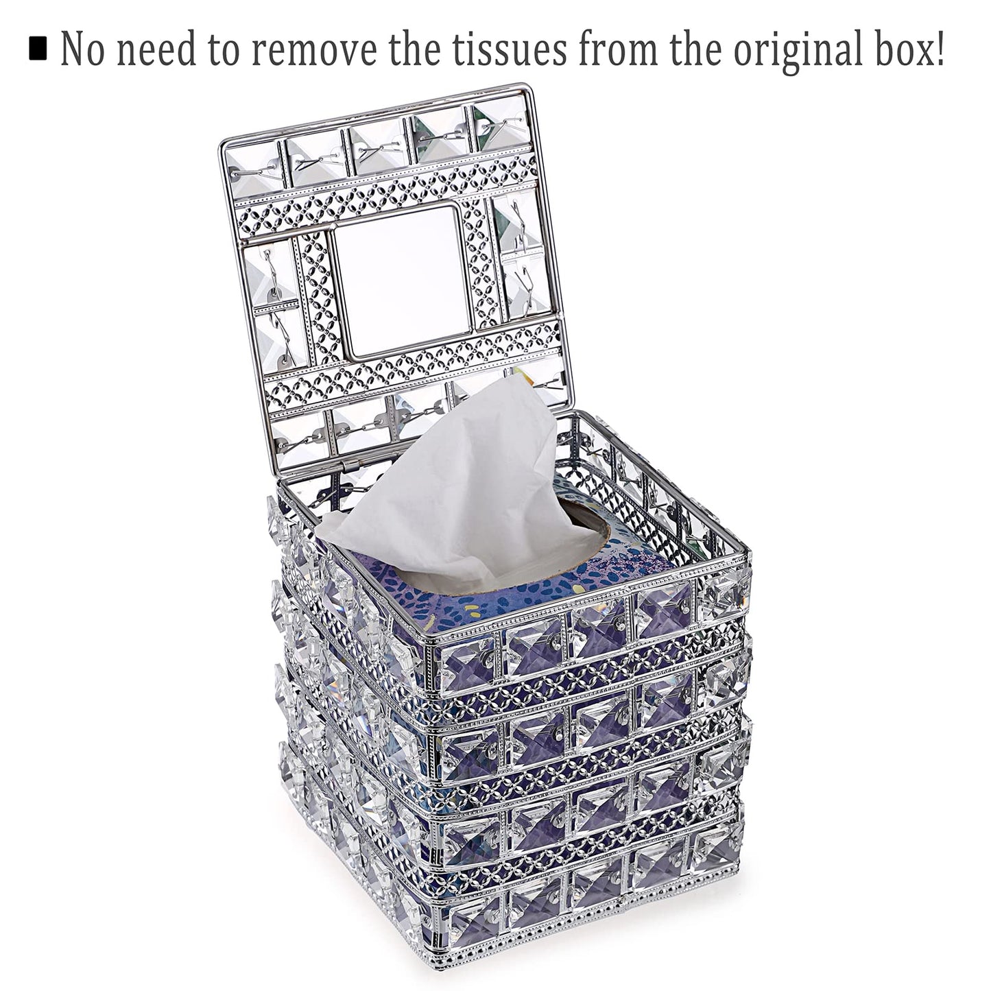Sumnacon Crystal Square Tissue Box Cover - Sparkling Cube Glass Tissue Box Holder, Decorative Facial Tissue Holder for Bedroom Bathroom Dresser Night Stand Table Countertop Home Decor, Silver
