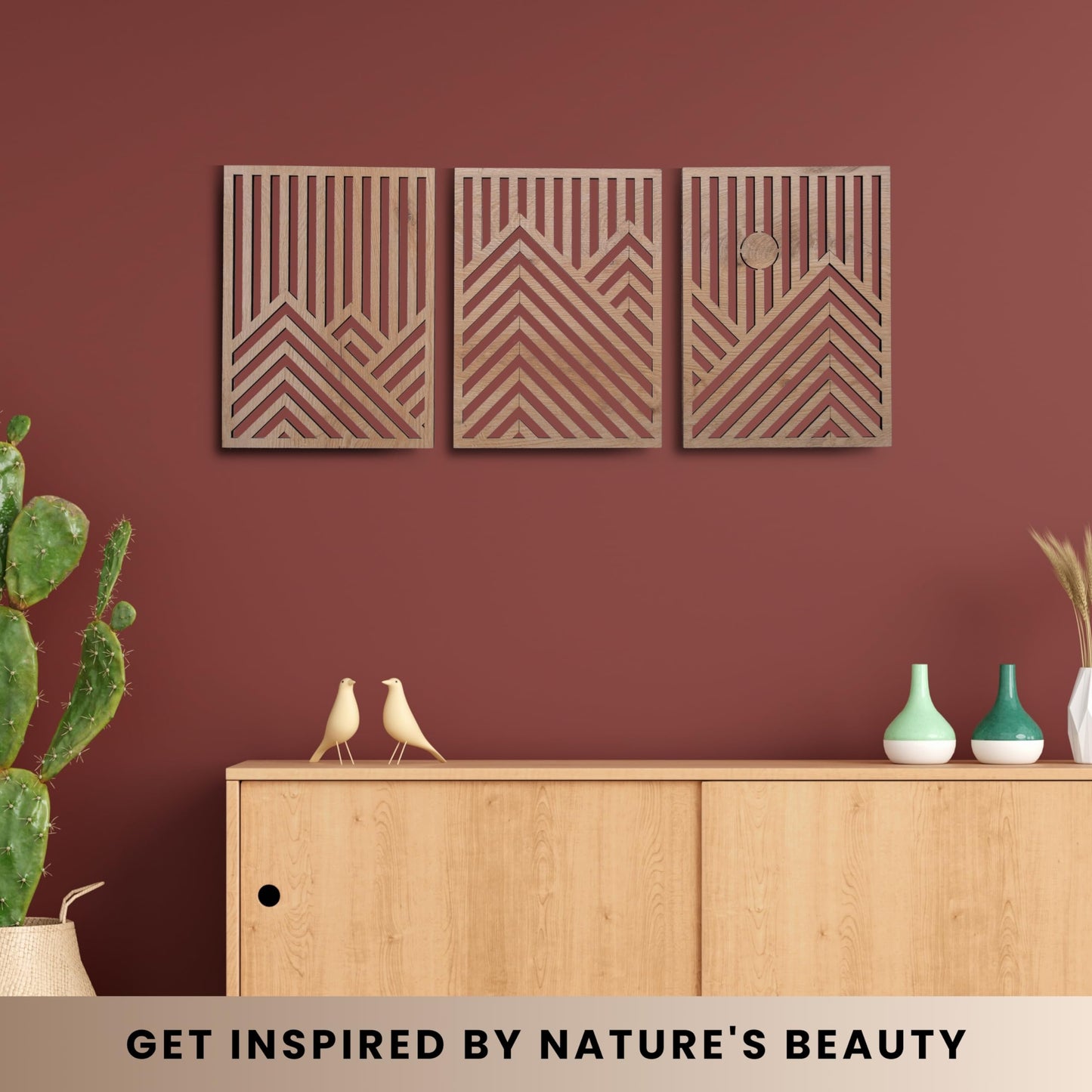 qmmp Modern Wooden Wall Sculptures - Set of 3 - MDF - Oak - Home Decor Accent - Large Wall Art for Living Room, Bedroom, Office - Easy Installation (Oak, Medium - Mountain and Sun, Unframed)