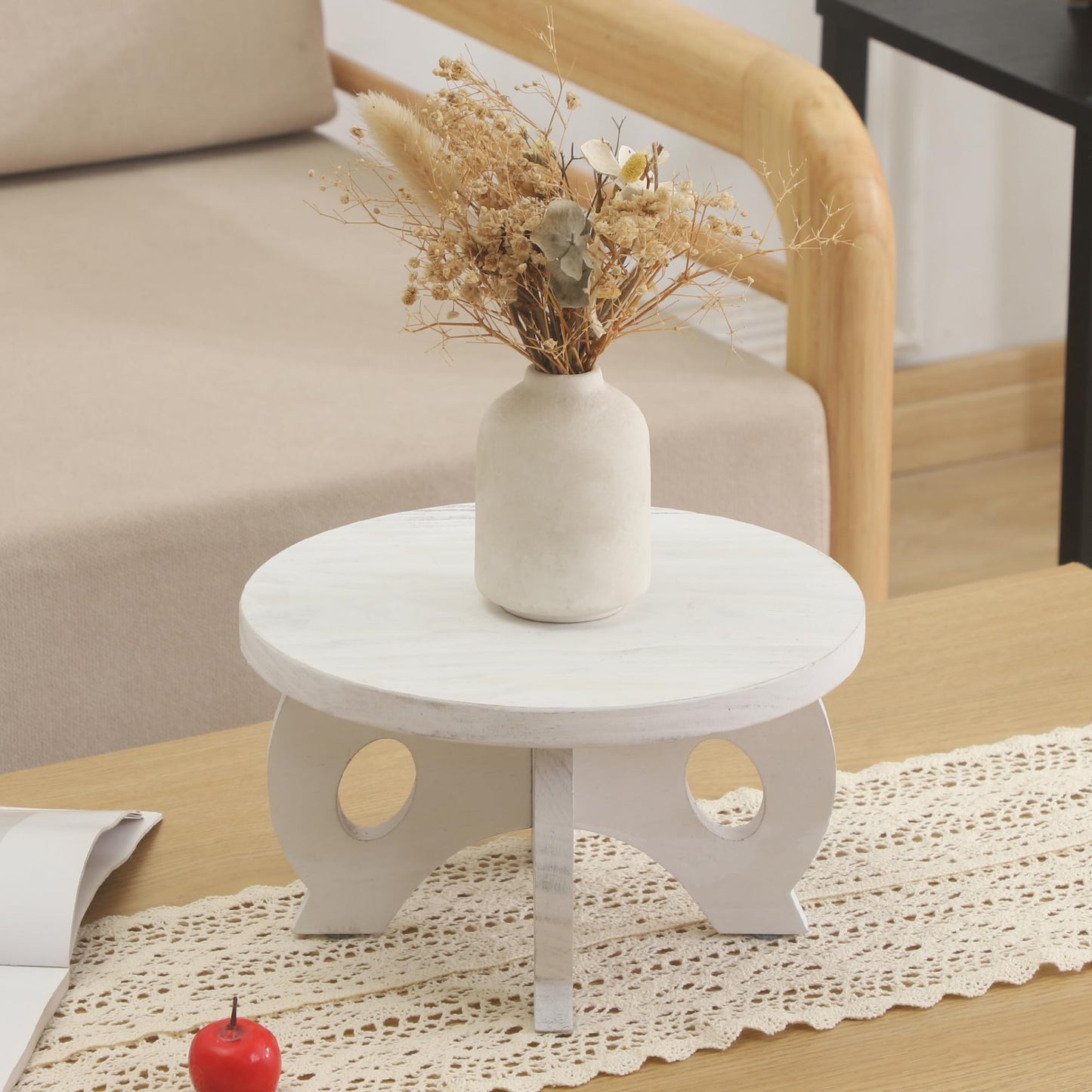 VZODESR Small Plant Stand Kitchen Display Stand 10 inch Plant Holder Plant Stool Round Stand Risers Farmhouse Rustic Balcony Decor Pedestal Board Washed White