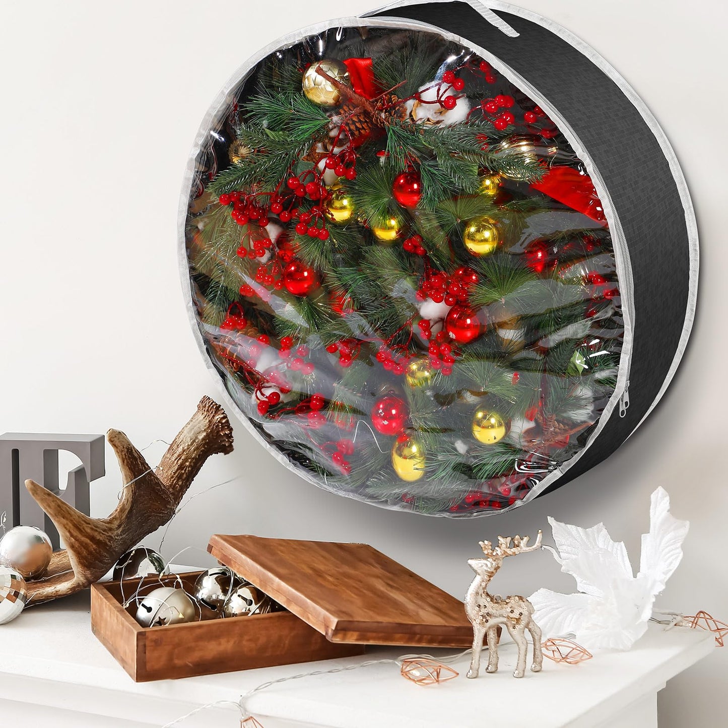 Aliceset 4 Pack Wreath Storage Containers, Ornament Garland Wreath Storage Bags with Handle Zipper Decorative Storages Box for Christmas in July Wreaths(24 x 24 x 7.8 Inch,Black)