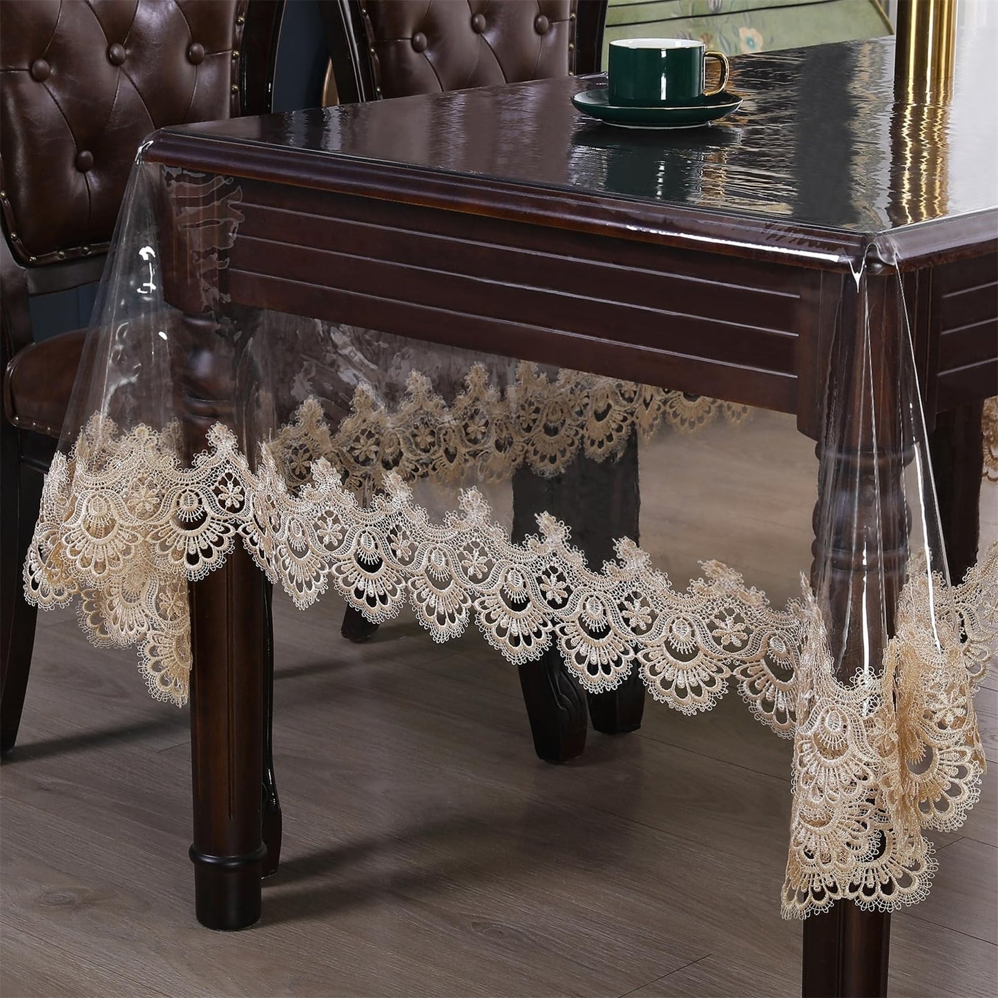Clear Plastic Rectangle Tablecloth Vinyl Waterproof Table Cloth Embroidered Lace Edge Transparent Table Cover for Dining Kitchen Outdoor(52 x 70 inch, Coffee Style 3)