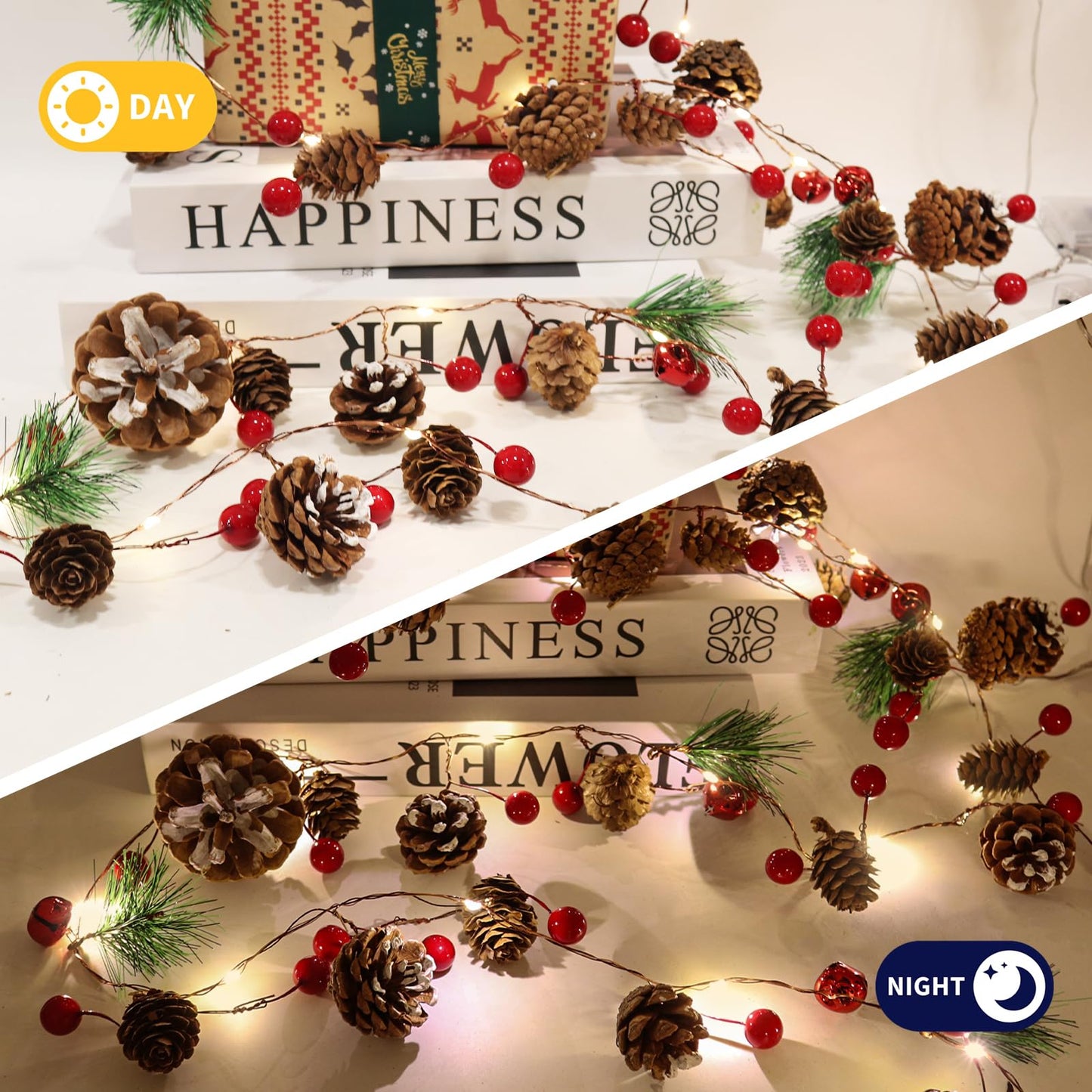 RECUTMS Christmas Garland Decoration with Lights,2PCS 7FT 20LED Pine Cone Red Berry Bell Battery Operated Christma String Light, Lighted Up Pinecone Vine Indoor Xmas Tree New Year Holiday Party Decor