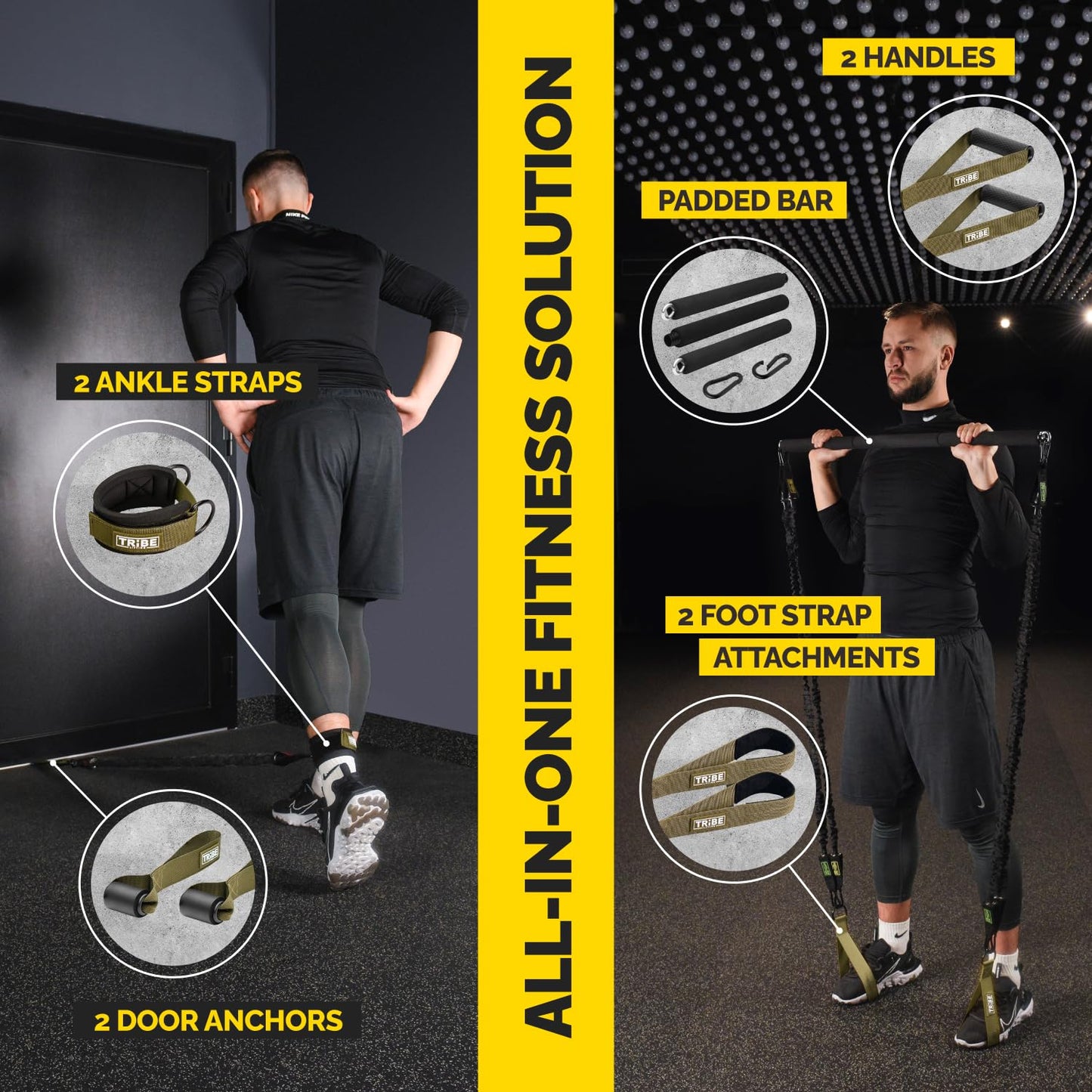 Tube Resistance Bands for Working Out Men and Women - Exercise Bands Resistance Bands Set, Resistance Band Bar, Handles, Ankle Straps, Foot Straps and Door Anchor, Tube Workout Bands (Military Green)