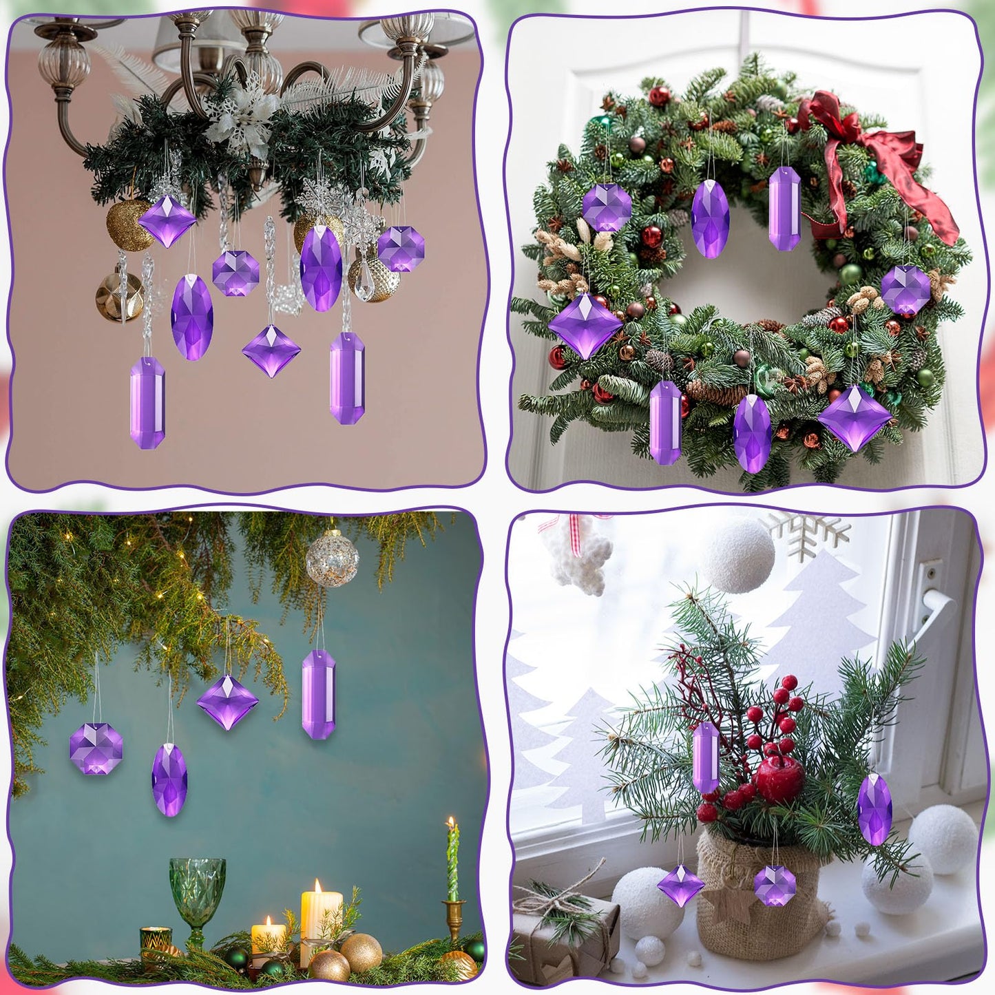 Simgoing 8 Pack Jewel Ornaments 1.2" - 3.5" Crystal Jewel Hanging Decorations for Christmas Tree Glitter Gemstone Ornaments Rectangle Square Oval Rhombus for Home Wedding & Holiday Party Decor(Purple)