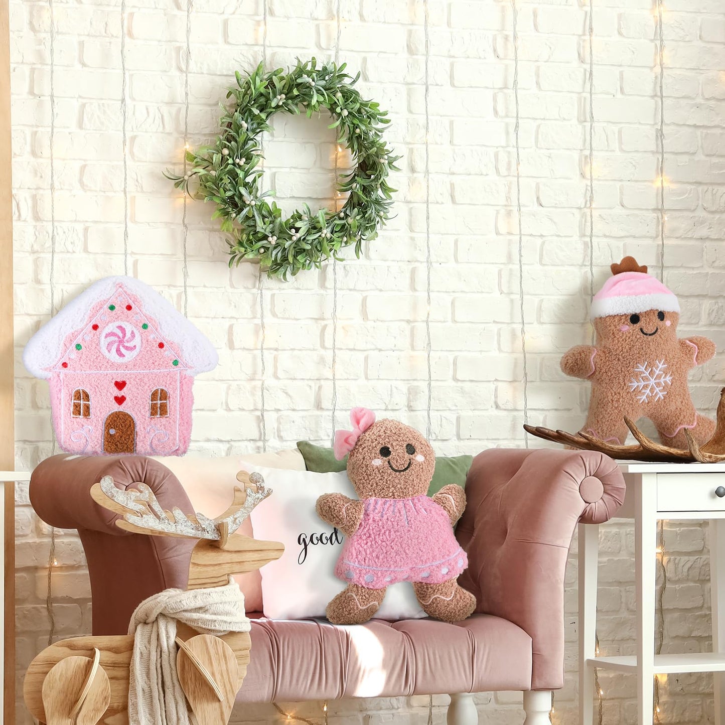 Konohan 3 Pcs Christmas Gingerbread Pillows House Man Throw Pillows Stuffed Gingerbread Shaped Pillow for Christmas Party Outdoor Cushion Decorations(Pink,Lovely Style)