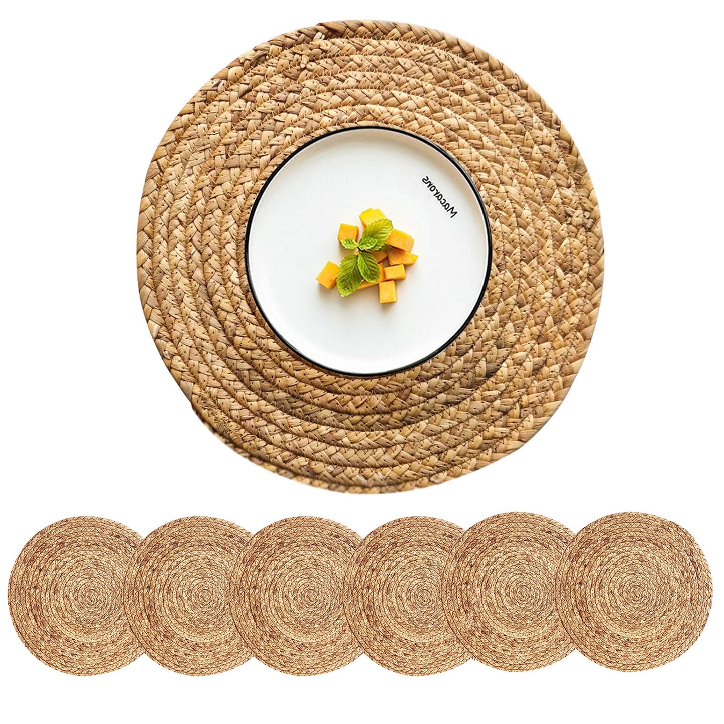CY SISTERS Woven Placemats Round Placemats Set of 6, 13.5 Inch Wicker Placemat Circle Rattan Placemats Farmhouse Boho Braided Natural Water Hyacinth Place Mats for Indoor & Outdoor Table Decor