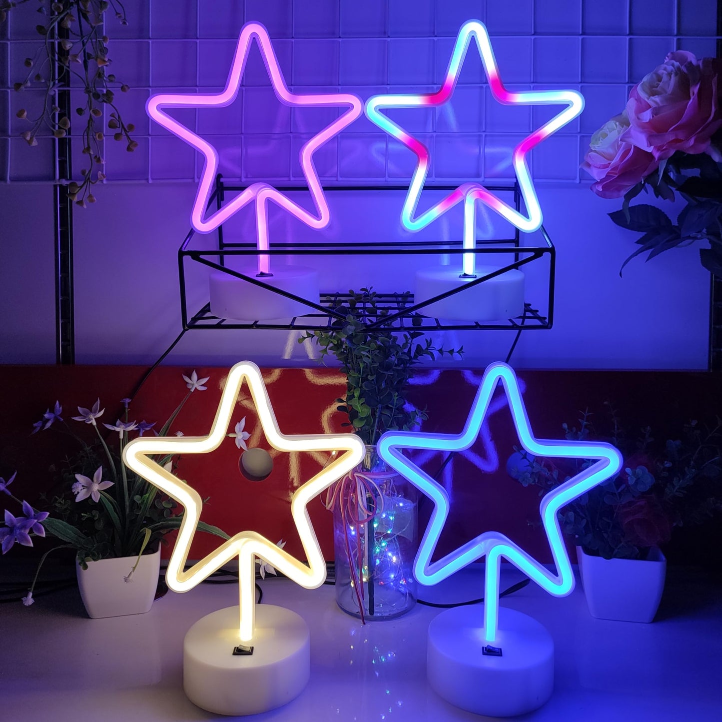 JYWJ Star Neon Signs with Holder Base,USB or 3-AA Battery Powered Neon Light,LED Desktop Wall Decoration,Various Parties,Decoration of Business Premises(Pink)