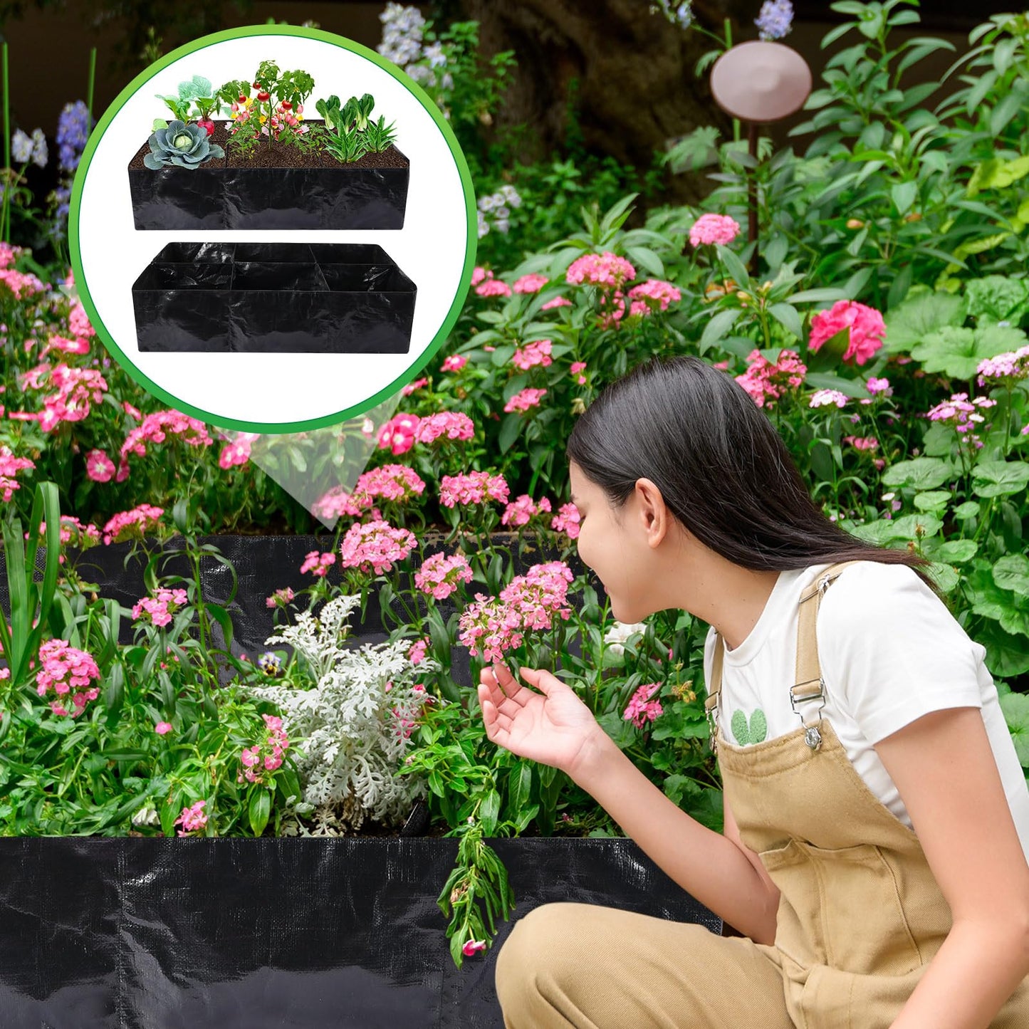 Woanger 8 Pcs 35 Gallon Fabric Raised Garden Bed Outdoor Planter Bags -Garden Grow Bags with 6 Divided Grids Drainage Holes for Vegetables, Flowers, Herbs - Outdoor Patio Gardening Containers