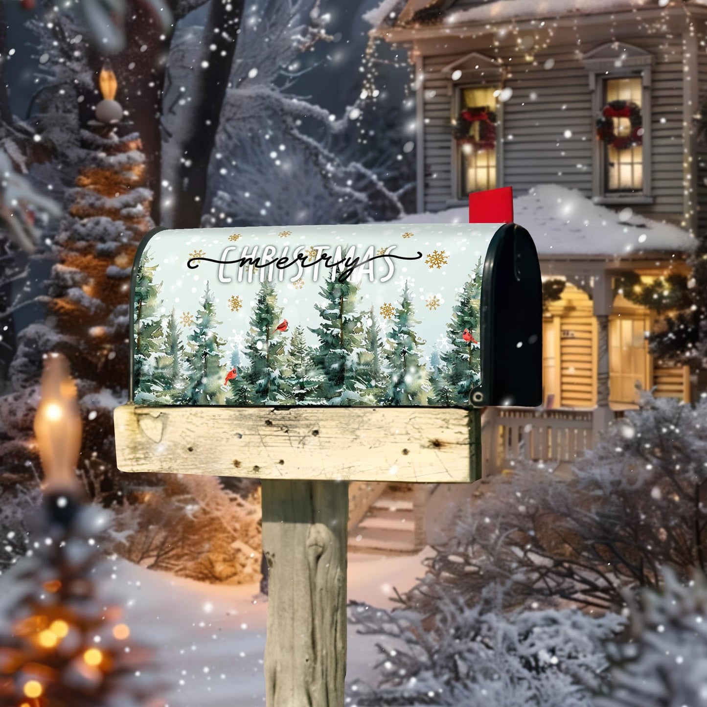 Merry Christmas Mailbox Cover - Magnetic Standard Size 18" X 21" - Christmas Dark Green Pine Trees Cardinal Birds Snowflake Mailbox Cover Decor for Home Garden Yard Post Letter Box