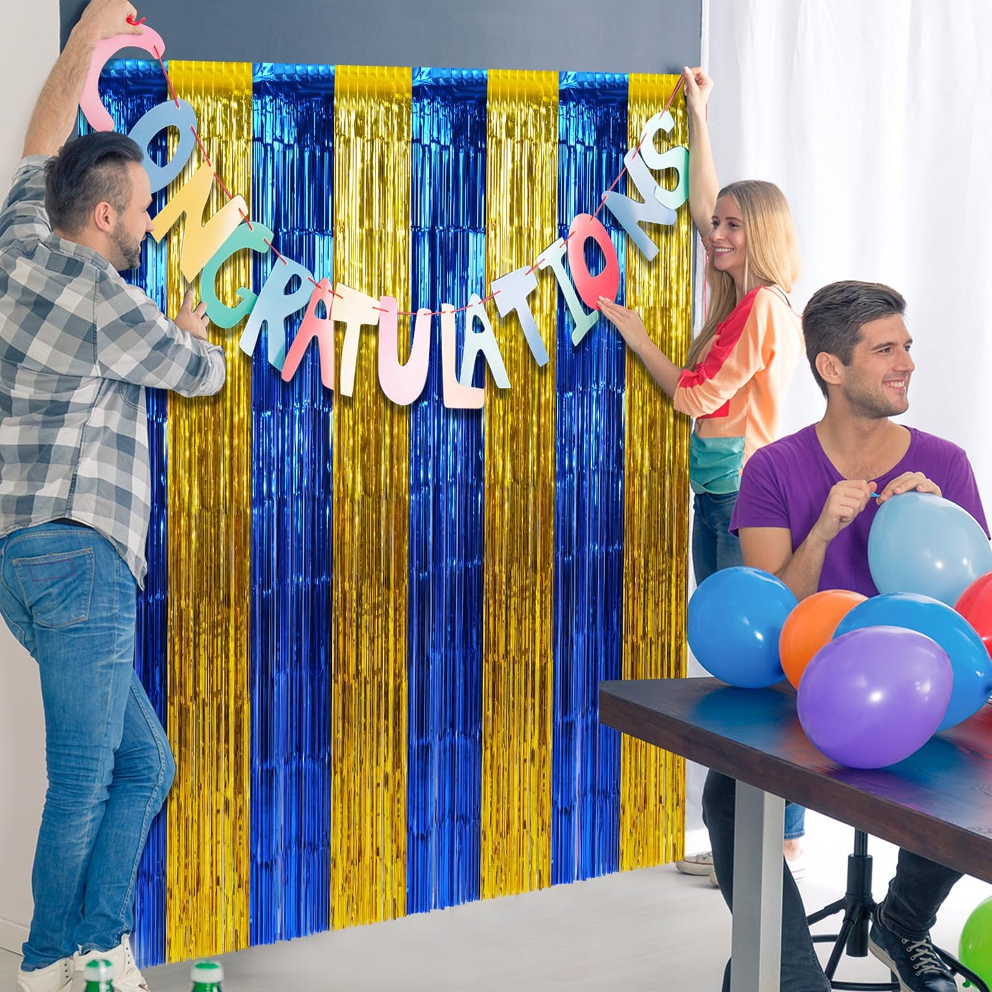 3 Pack 3.3Ft x 6.6Ft Graduation Foil Fringe Curtain Backdrop Decorations, Blue Gold Metallic Tinsel Foil Streamers Curtain Photo Booth Background for Graduation Prom Wedding Birthday Party Decorations