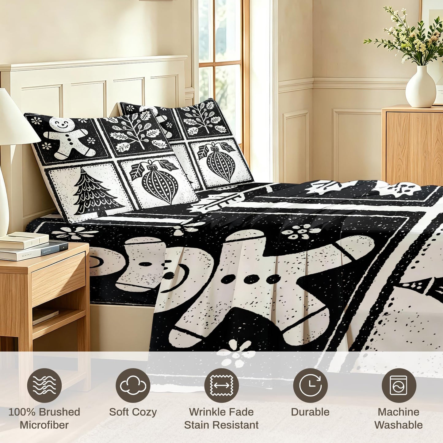 Gingerbread Man Sheet Set, 3 Pcs Twin Size Xmas Bed Sheets, Black White