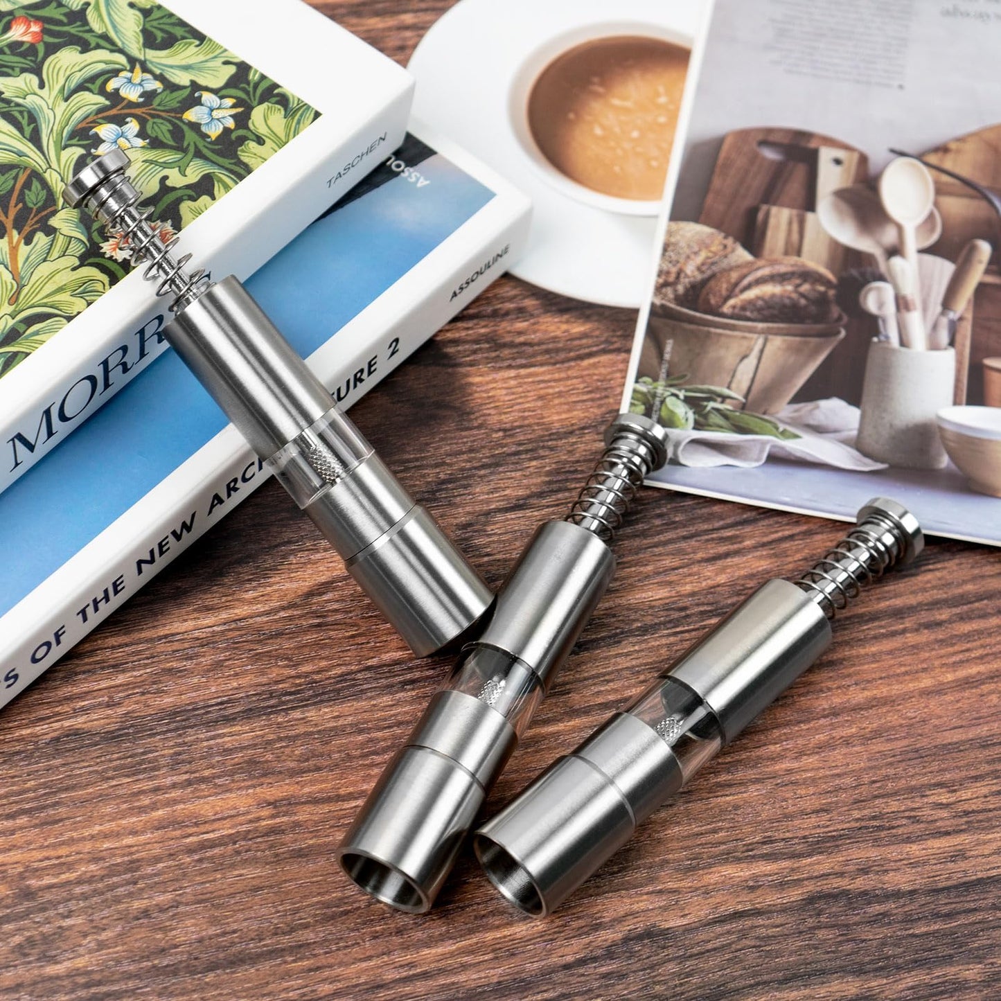 NEETUE 3PCS Stainless Steel Mini Pepper Grinder, Refillable Salt and Pepper Grinder Set with Push Button, Manual Peppercorn Grinding Tools for Sea Salt and Spice