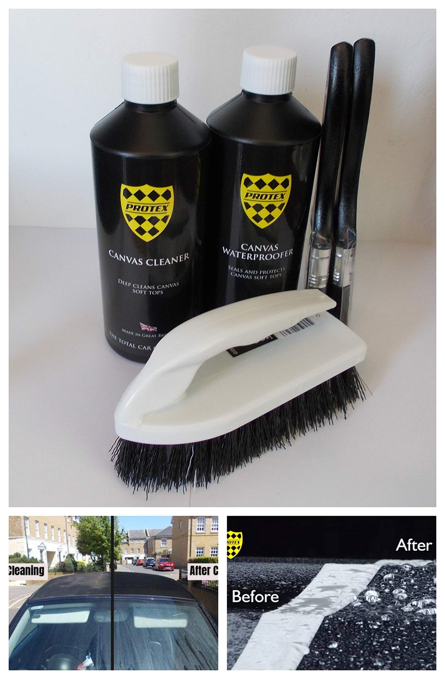 PROTEX Convertible Soft Top Care Kit with Canvas Cleaner & Waterproofer - 500ml, Two Applicator Brushes and One Soft Top Cleaning Brush - BRUSH KIT.