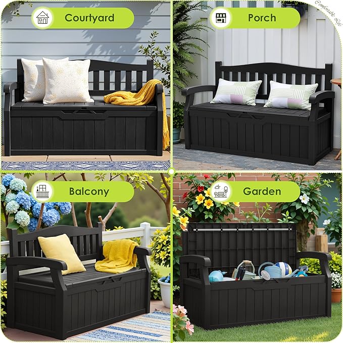 Greesum 80 Gallon Outdoor Storage Bench, Resin Patio Furniture with Armrest,Waterproof and UV-Resistant, Perfect to Garden, Poolside and Lawn, Black