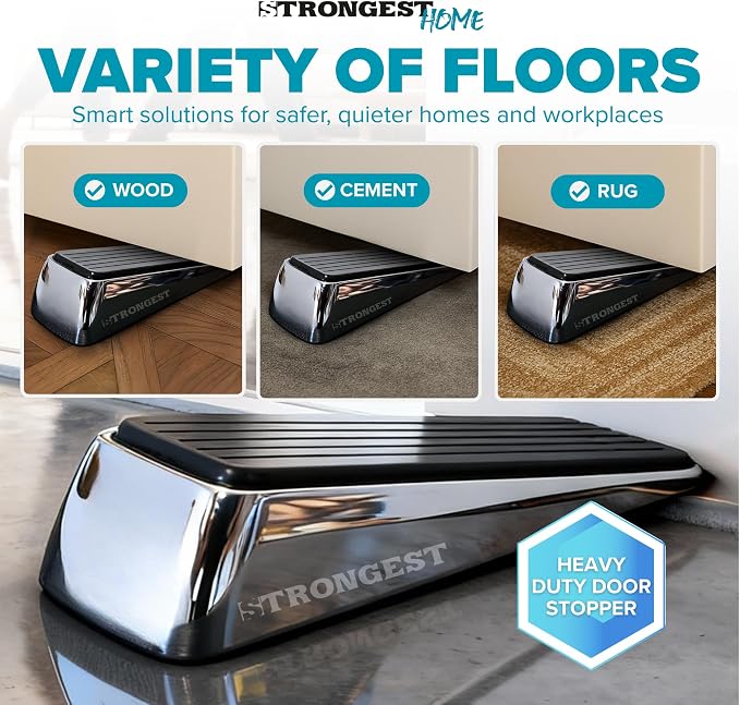 STRONGEST HOME Door Stoppers for Bottom of Door – Heavy Duty Metal Rubber Stopper, Non-Slip Door Stop for Heavy Doors, Works on Wood, Tile & Carpet Floors, Wedge Chrome 2 PCs + 2 White Wall Protectors