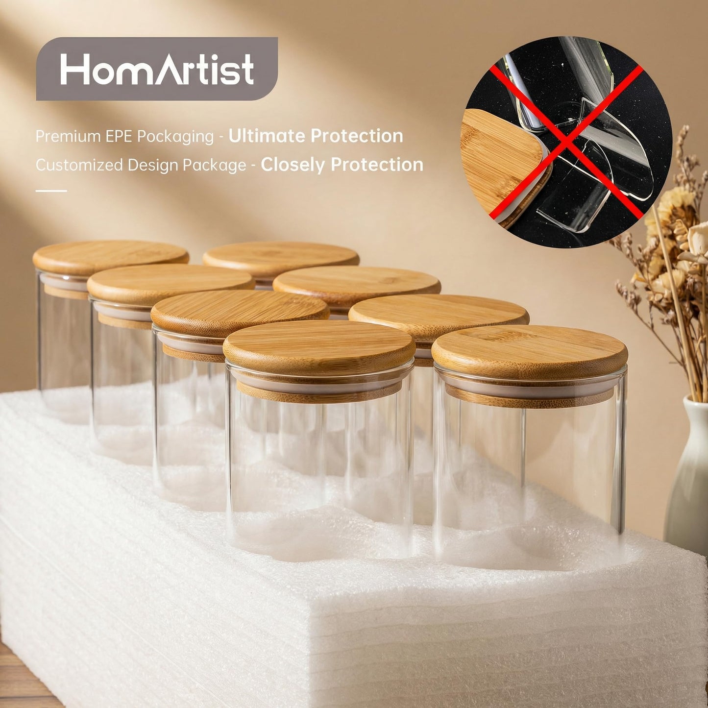 32oz - 4 Pack Glass Jars with Bamboo Lids, Glass Pantry Storage Containers with Airtight Lids, Round Air Tigh Food Storage Canisters for Cereal, Pasta, Flour, Sugar, Rice, Best for Kitchen Organizer
