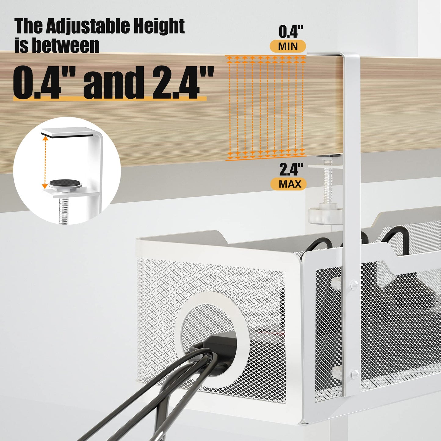 Under Desk Cable Management Tray White, Cinati Wire Organizers No Drill, Cable Tray with Clamp for Wire Management, Cord Organization Box for Office, Home - No Damage to Desk