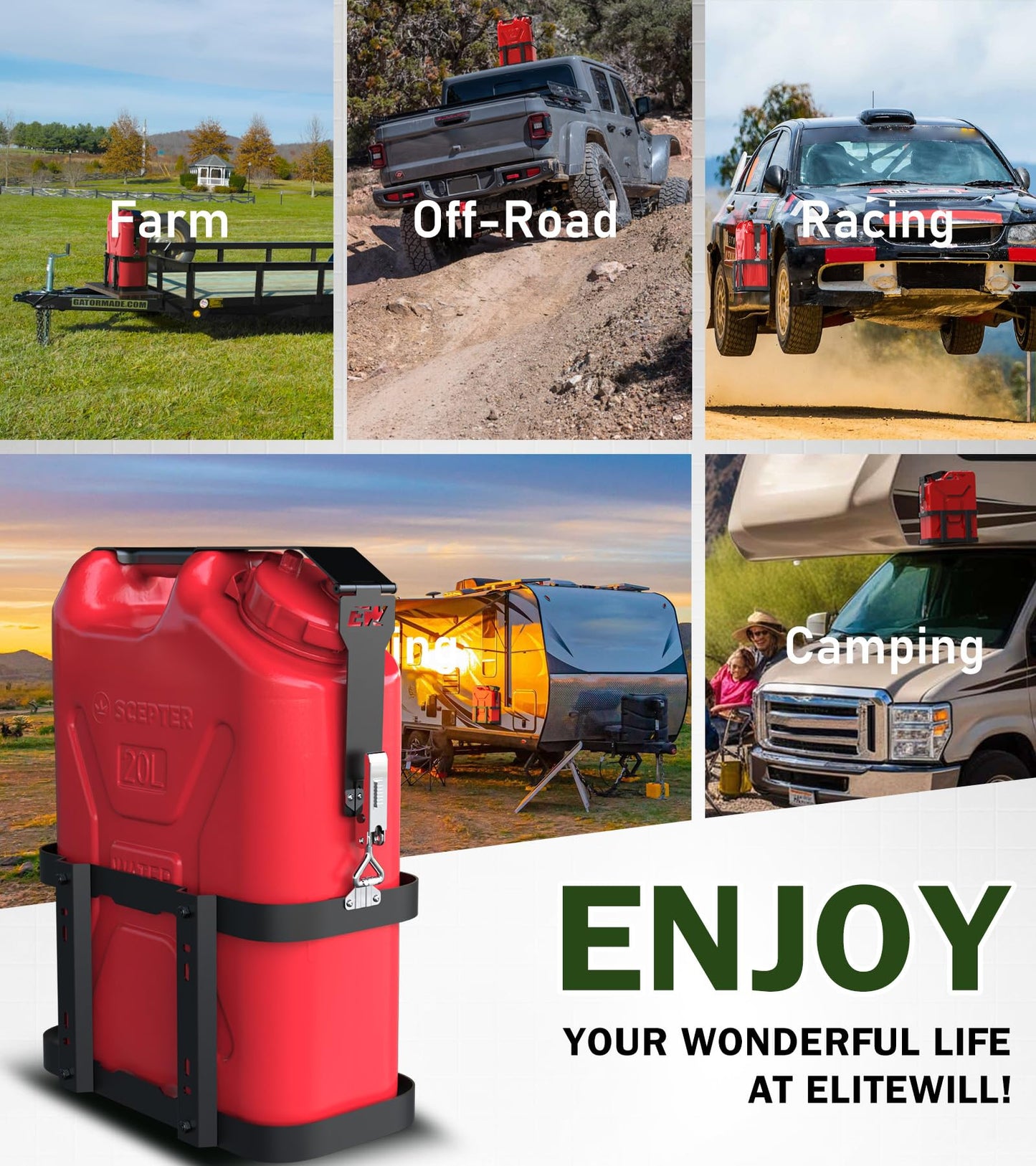 ELITEWILL 4 Place Weedeater Rack for Open/Enclosed Trailers and 5 Gallon Water Containers Mount Holder, Lockable 20L Water Storage Bracket