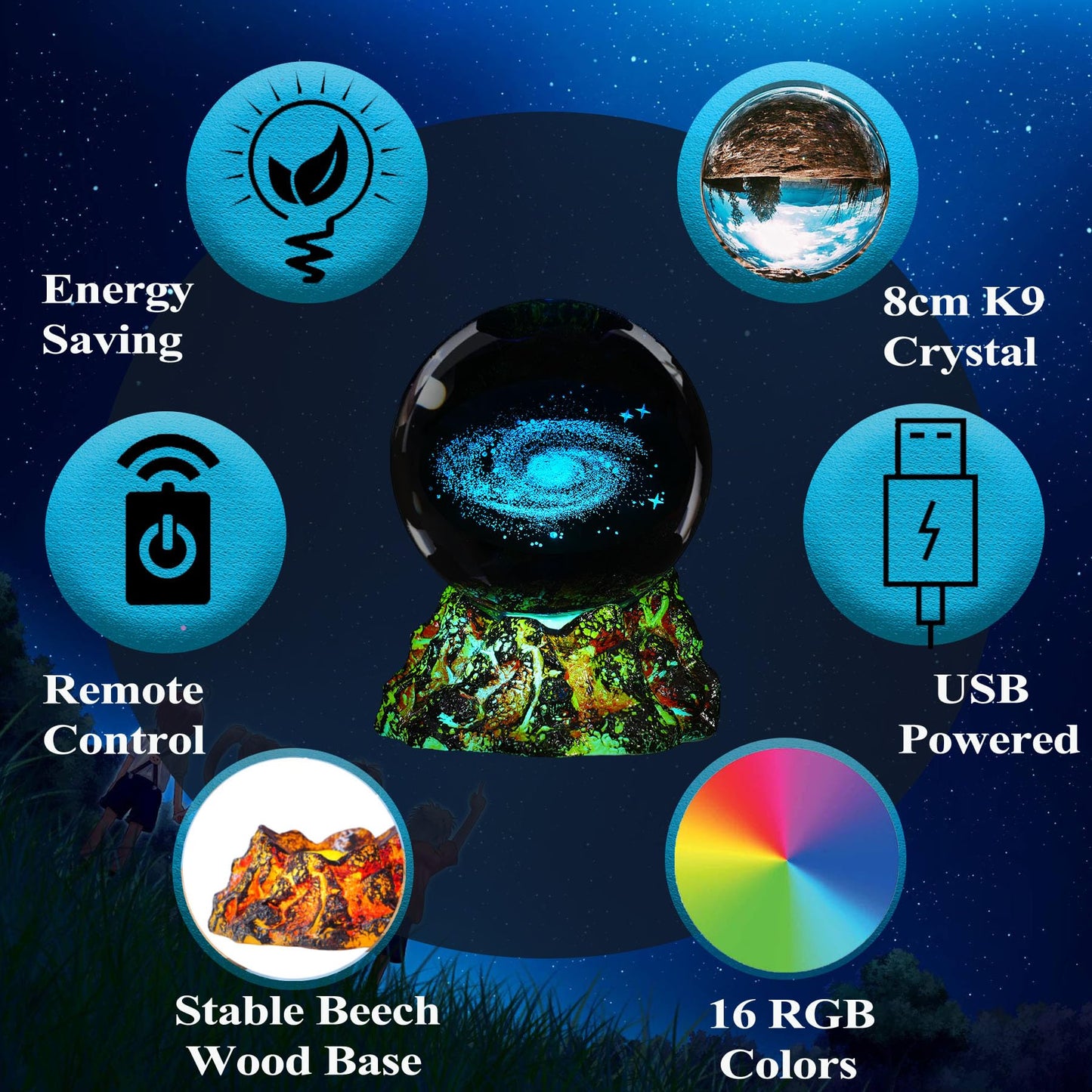 Colortown Galaxy Crystal Night Light, 3.15 Inch (80mm) K9 Crystal, Upgraded Volcanic Lava Base 3D Lamp with Remote, 16 Colors Cosmic Orbs, Space Gifts for Holiday Birthday Xmas