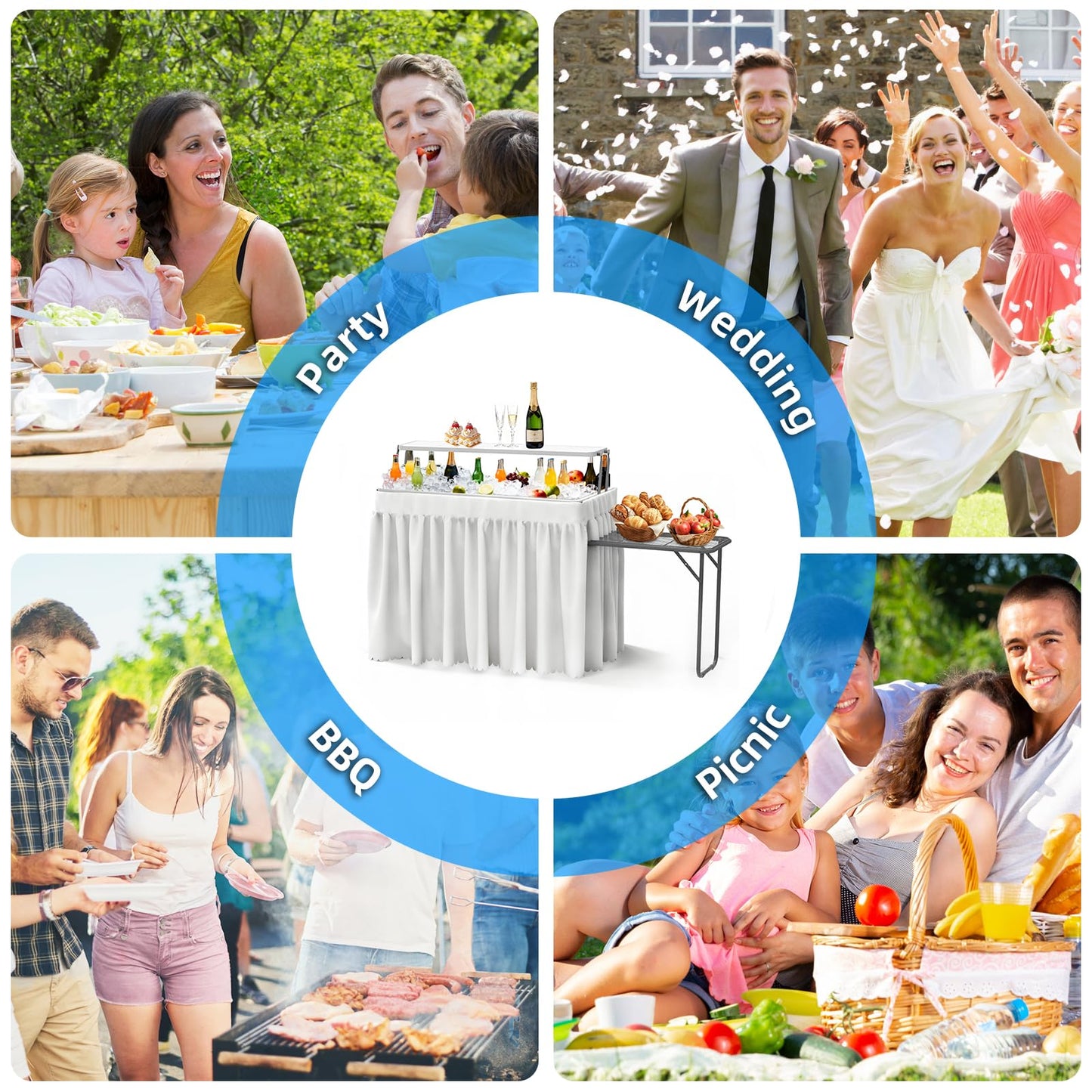 SHAREWIN Ice Cooler Folding Table with Metal Side Desktop, Double-Layer Party Chilling Table with Drain and Detachable White Skirt to Keep Drinks Cool, Ice Bar for Weddings, Outdoor, Picnics,Pool