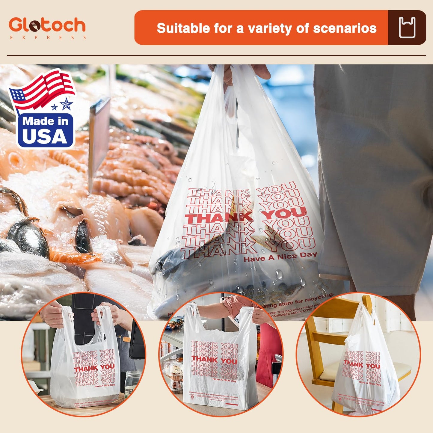 Glotoch Plastic Thank You Bags 1000 Count, 12" x 6.5" x 21" White Grocery Bags with Handles for Restaurant, Retail, Grocery Store, Takeout, Convenience Stores, T-shirt Shopping Bag in Bulk