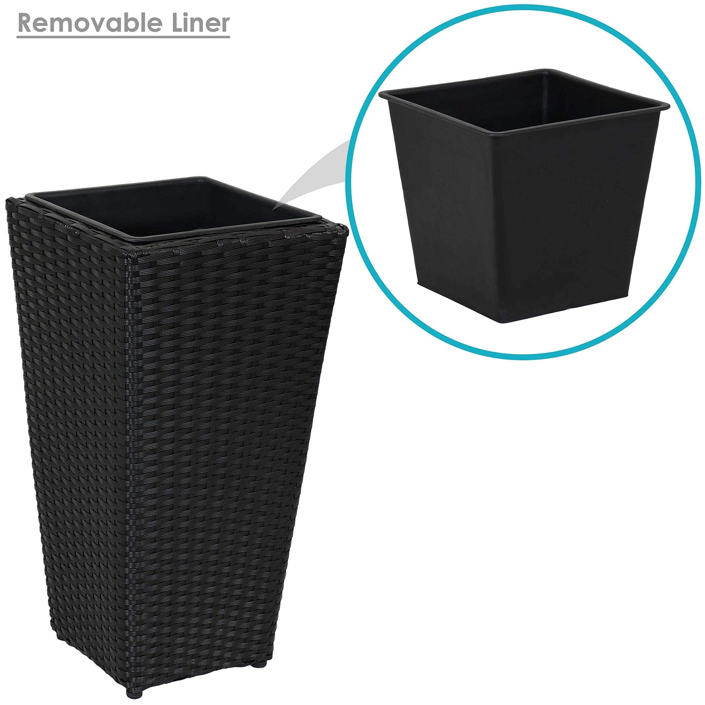 Sunnydaze Square Tall Wicker Outdoor Planter Set of 3 - Polyrattan Large Outdoor Planters for Porch, Patio or Garden - 9", 11.5", 14.75" Tall Plant Pots - Black