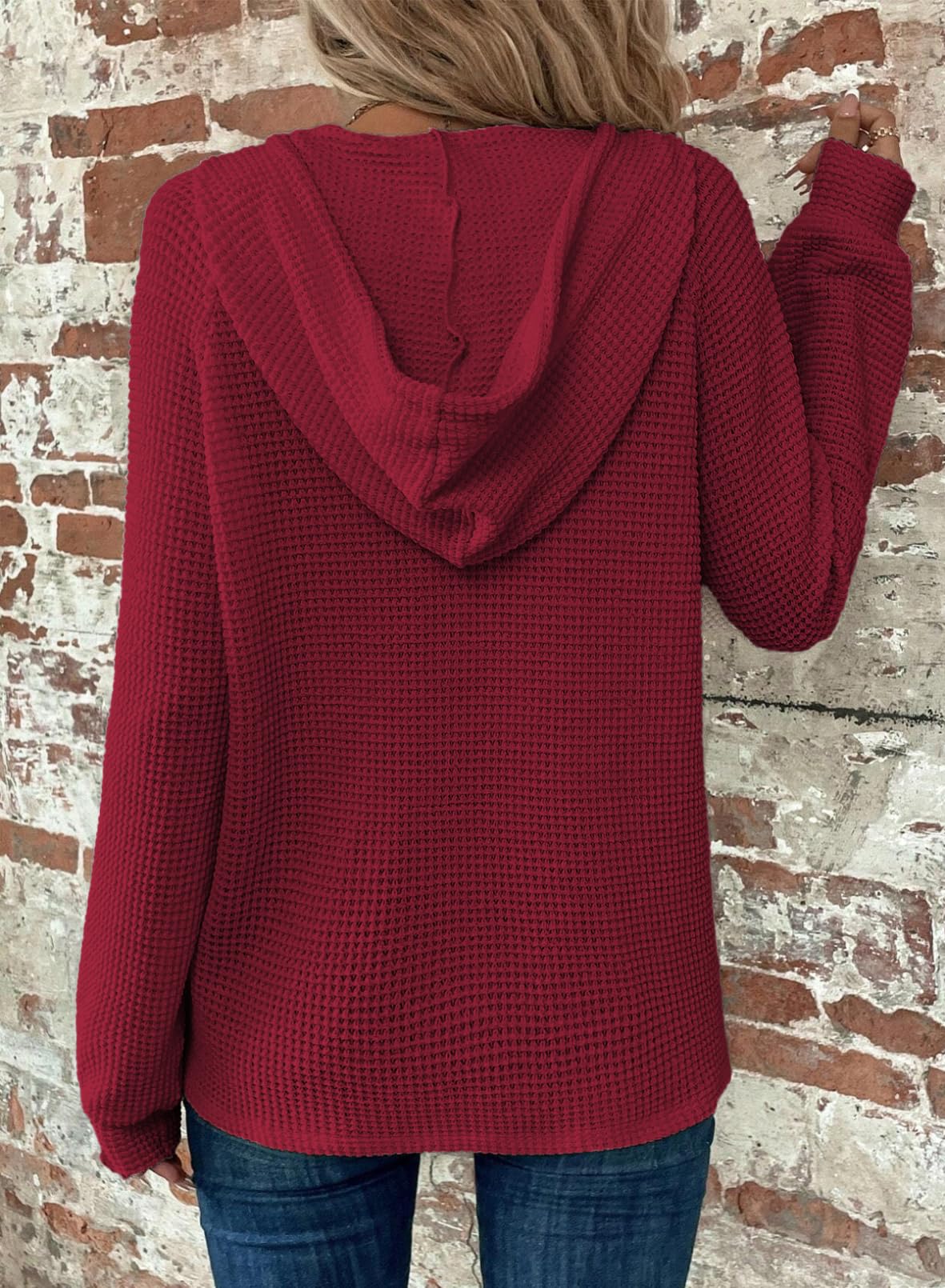 Dokotoo Hoodies for Women Waffle Knit Drawstring Button V Neck Long Sleeve Shirts Christmas Sweaters Pullover Sweatshirt Tops Lightweight Casual Cute Cozy Fall Winter Fashion Outfits Red X-Large