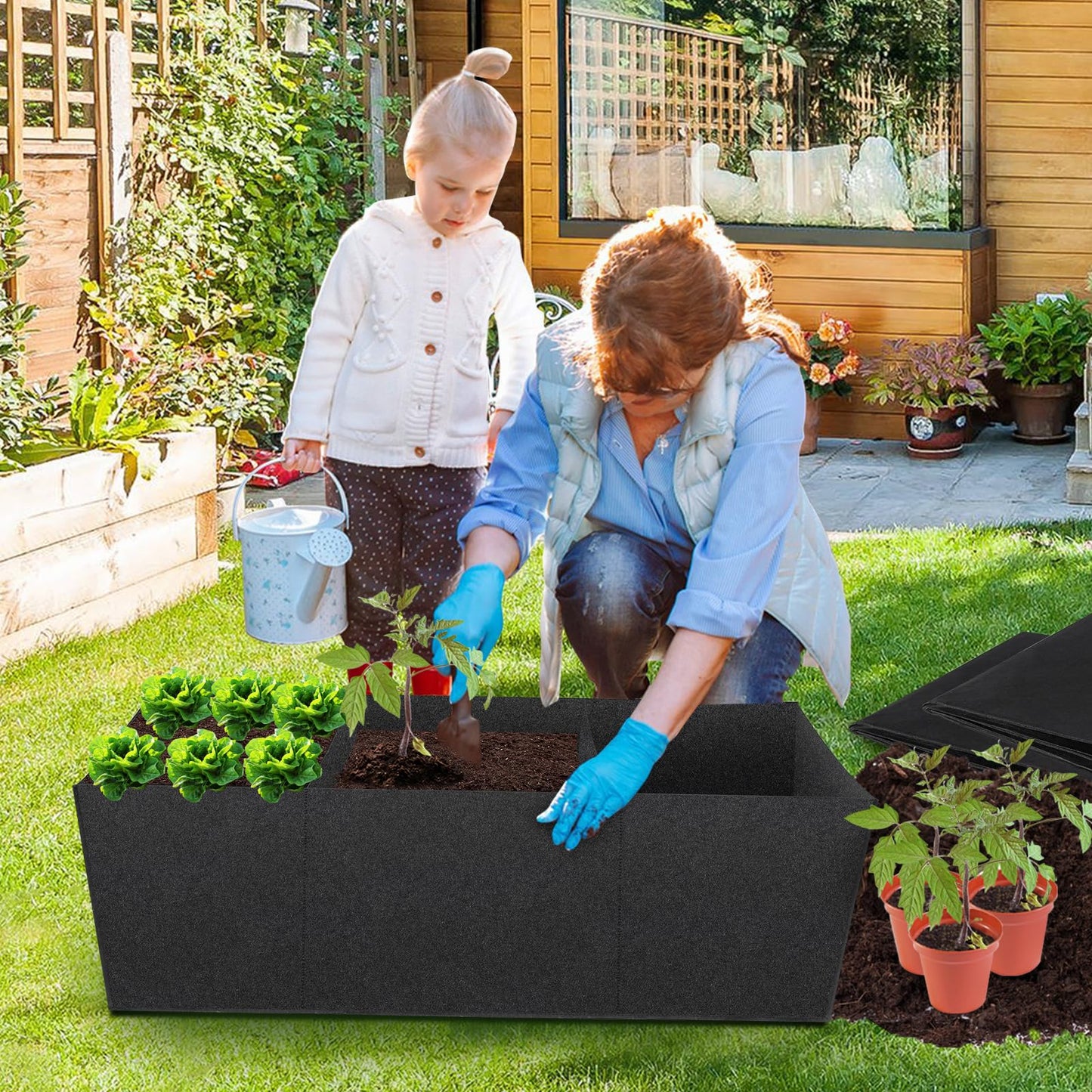 RGJ 3 Pack Fabric Raised Garden Bed, 22 Gallon 3x1x1 FT Garden Growing Bags with Handle, 3 Grids Breathable Garden Grow Bed Bag Grow Planter Bags Plant Bed for Planting Vegetables, Flowers and Herbs