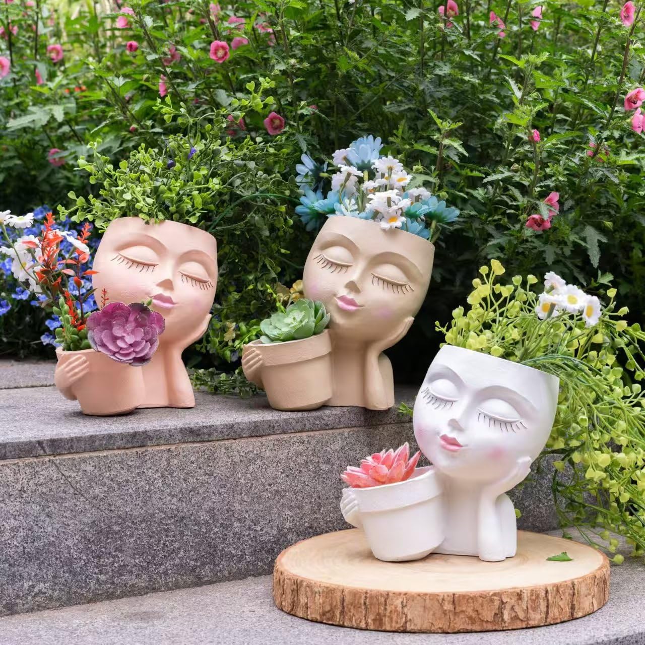 Lady Face Planter Pots Head - Double Cute Planters for Indoor Plants, Flower & Succulent with Drainage Holes, Novelty Head Plant Pot for Home Garden Succulents Cactus White
