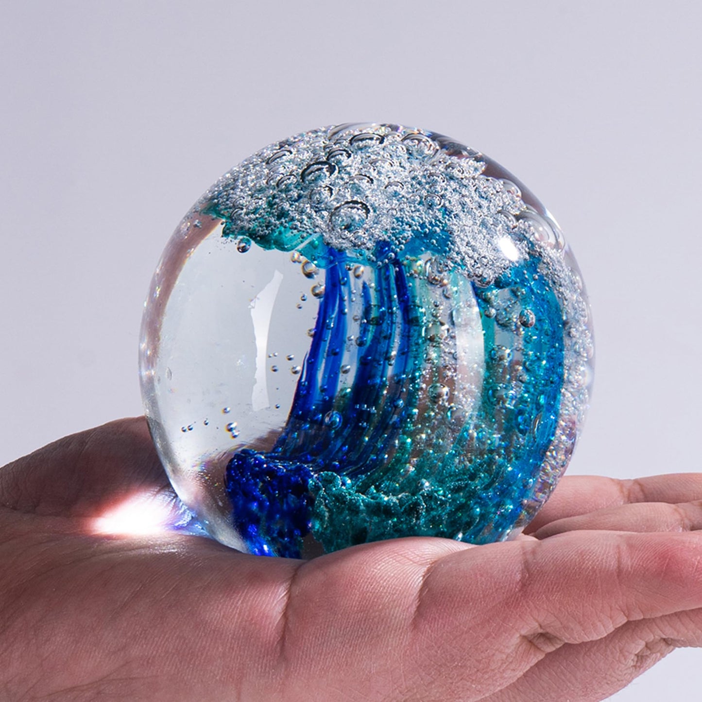 QIANCHANG 3.15" Ocean Wave Art Glass Paperweight, Hand Blown Glass Figurines Collectibles, Ocean Waves Decor Coastal Beach Themed Gifts