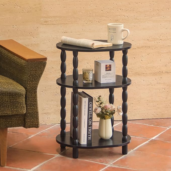 MaxSmeo Black Side Table, 3-Tier Small Oval End Table, Modern Night Stand Wood