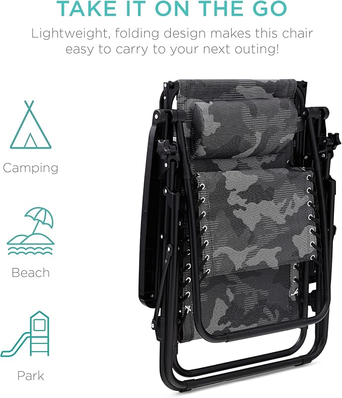 Best Choice Products Folding Zero Gravity Outdoor Recliner Patio Lounge Chair w/Adjustable Canopy Shade, Headrest, Side Accessory Tray, Textilene Mesh - Camouflage
