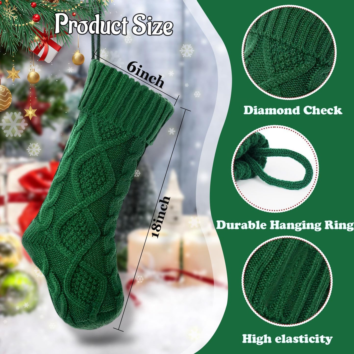 OYB Christmas Stockings,18 Inches Knitted Christmas Stockings,Large Christmas Stockings,Decorations for Family Holiday Xmas Party (Green)