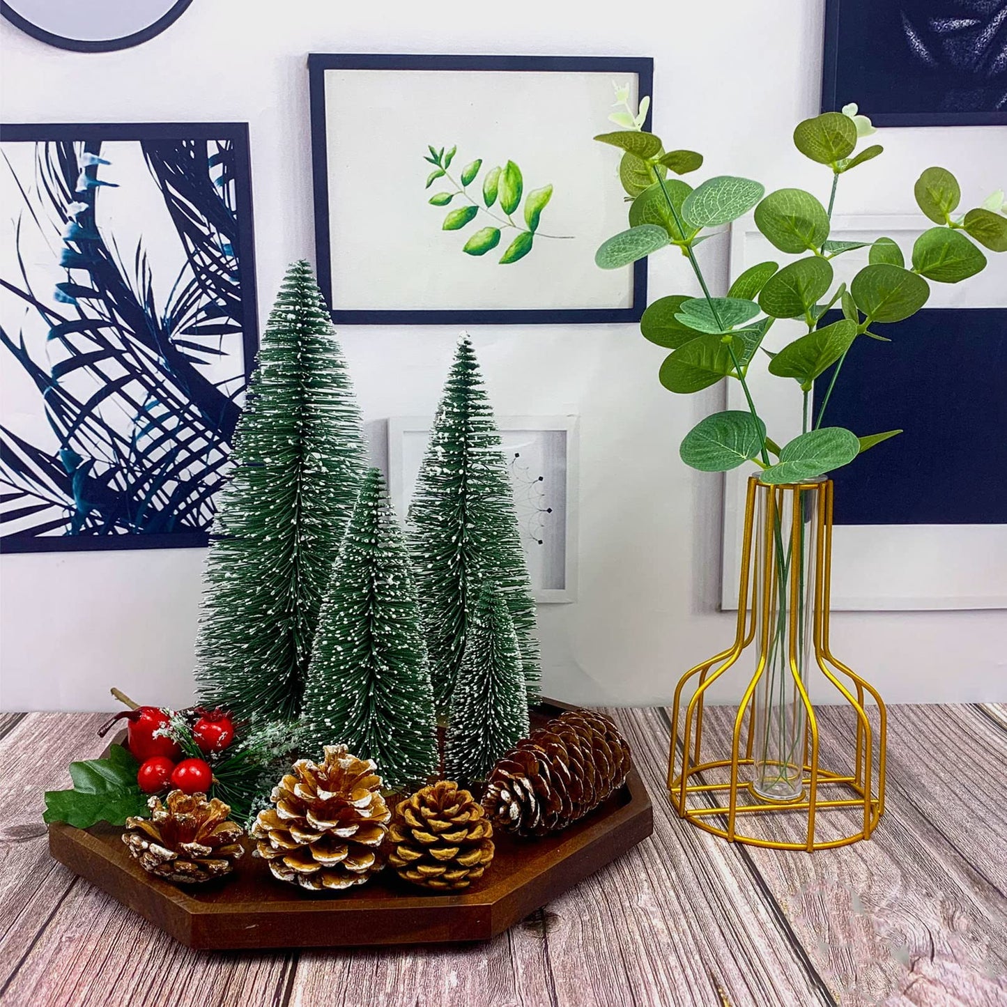 Desktop Miniature Christmas Trees Mini Pine Tree 5pcs with Snow and Wood Base for Xmas Holiday Party Home Tabletop Decor