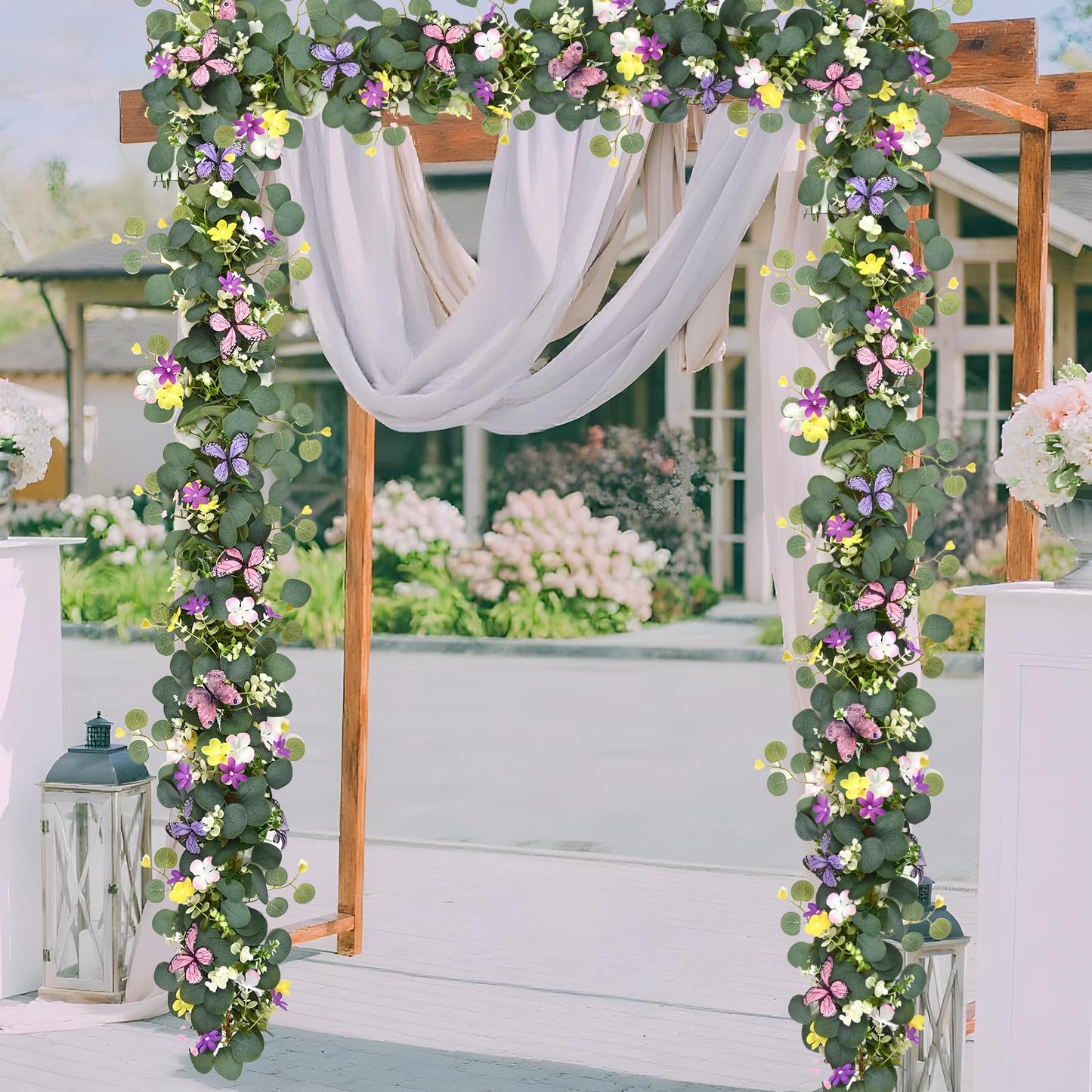 Waipfaru 2Pcs Eucalyptus Garland with Daisy 3D Butterfly, Green Garland with Flowers, 5.9FT Artificial Faux Eucalyptus Leaves Vines for Table Mantle Home Wedding Party Indoor Outdoor Decor