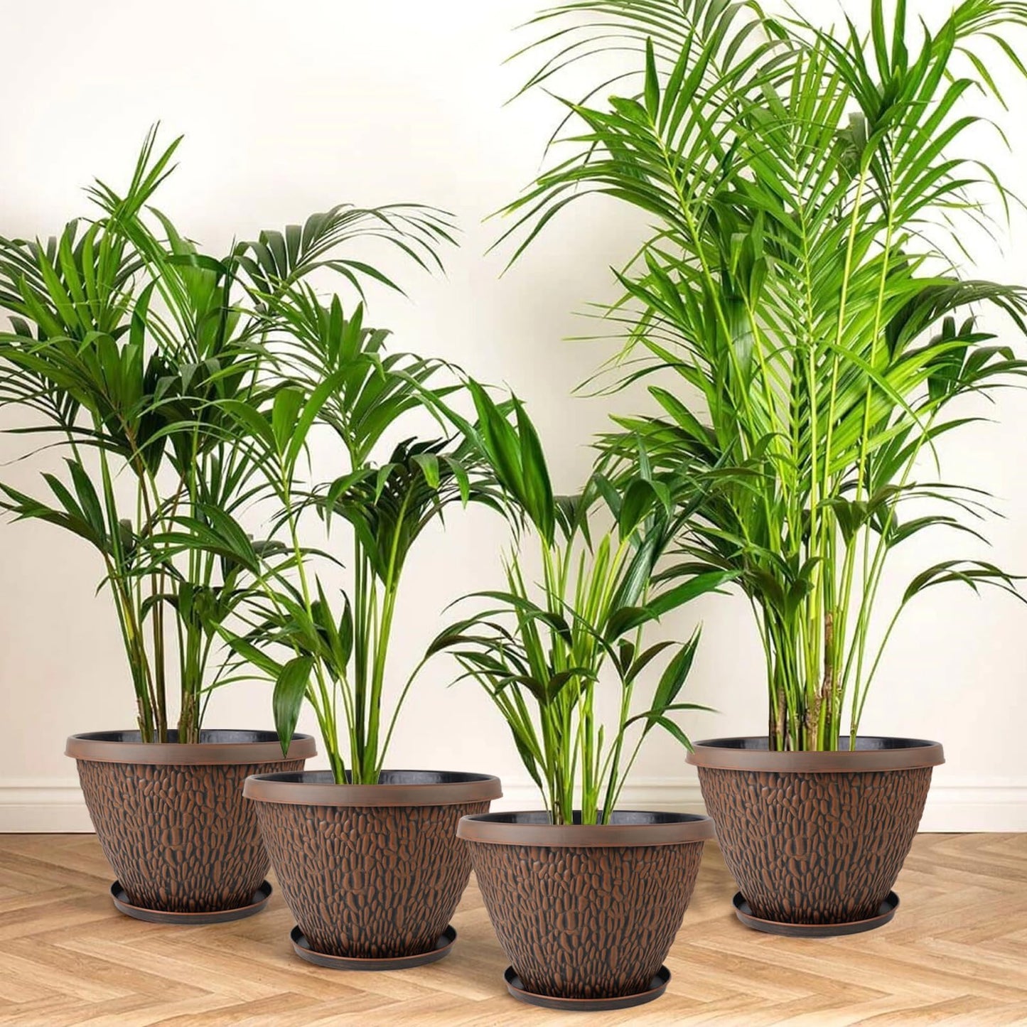 Nooulap 4 Pack Flower Pots Outdoor, 10 Inch Plant Pot with Drainage Hole & Tray, Thickened Plastic Planters for Indoor Outdoor Plants, Lightweight Brown Decorative Garden Pot with Saucer