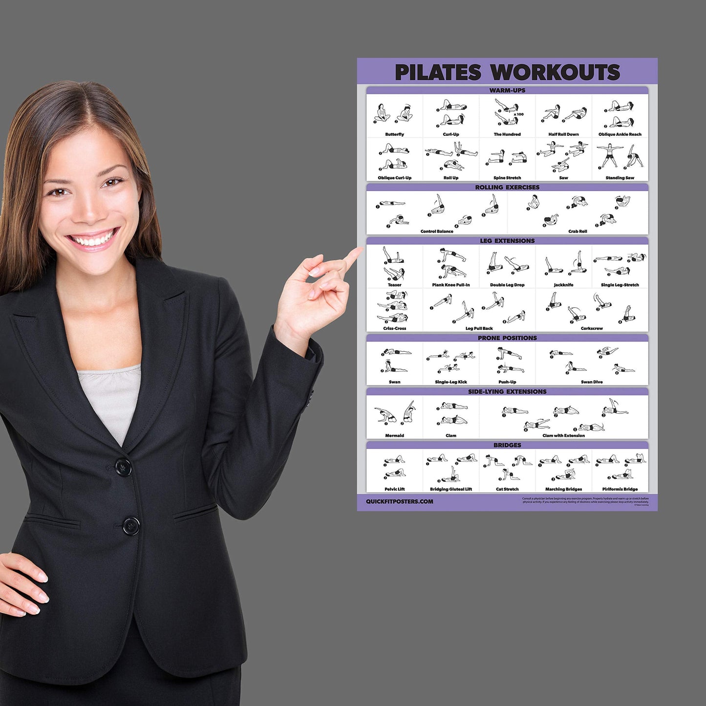 QuickFit Pilates Workout Poster - Pilates Mat Work Exercises (Laminated, 18" x 27")