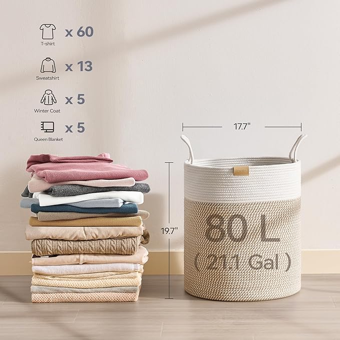 80L Laundry Hamper Basket, Baby Nursery Woven Storage Basket