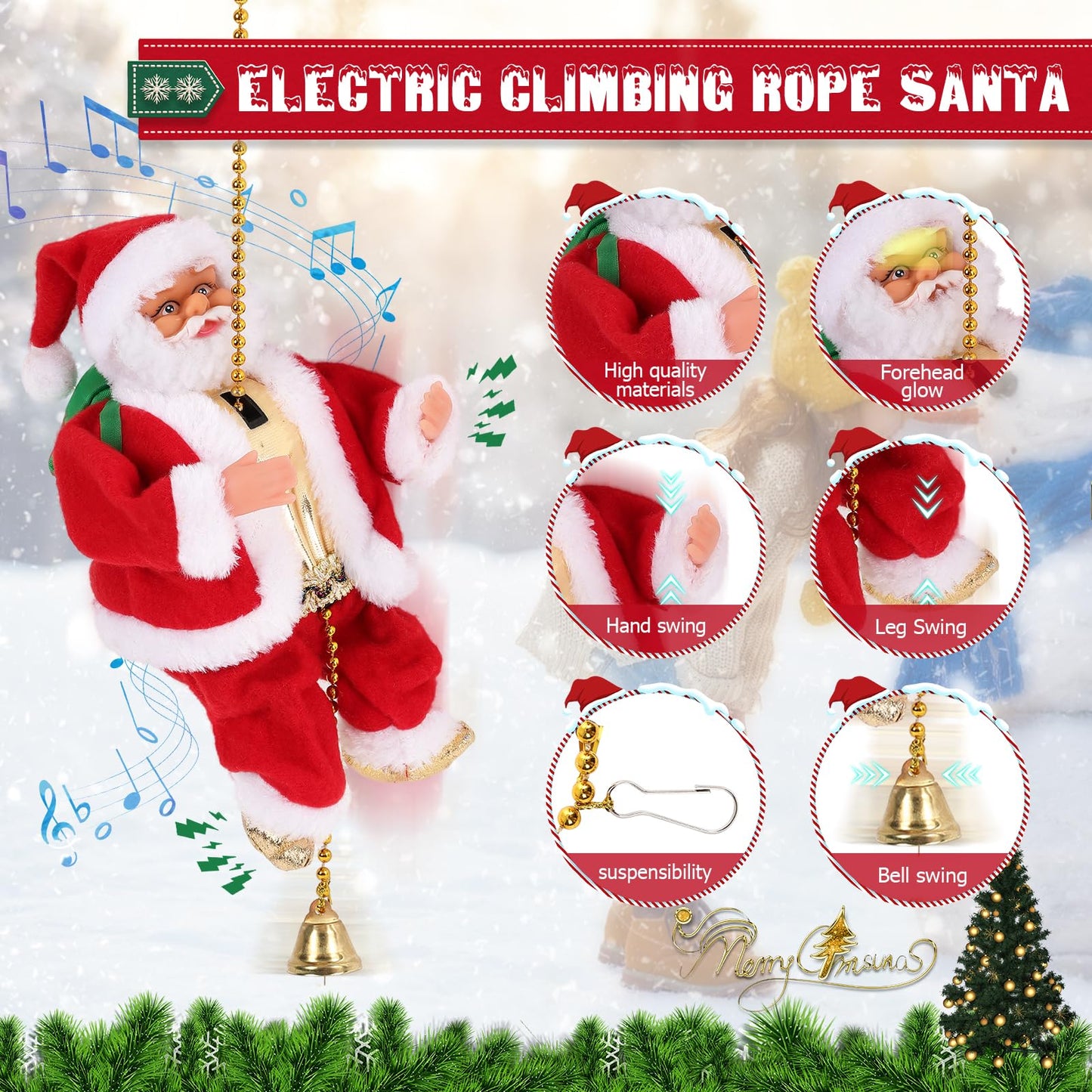 Gfilay Climbing Santa with Music, Christmas Tree Pendant Ornament Novelty Climbing Santa Claus on Rope, Holiday Decoration, Great Gift