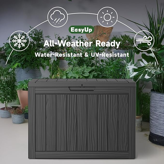 EasyUp 45 Gallon Outdoor Storage Box, Resin Waterproof UV-Resistant Deck Box, Reinforced Stability for Patio, Garden, and Poolside, Striped Black